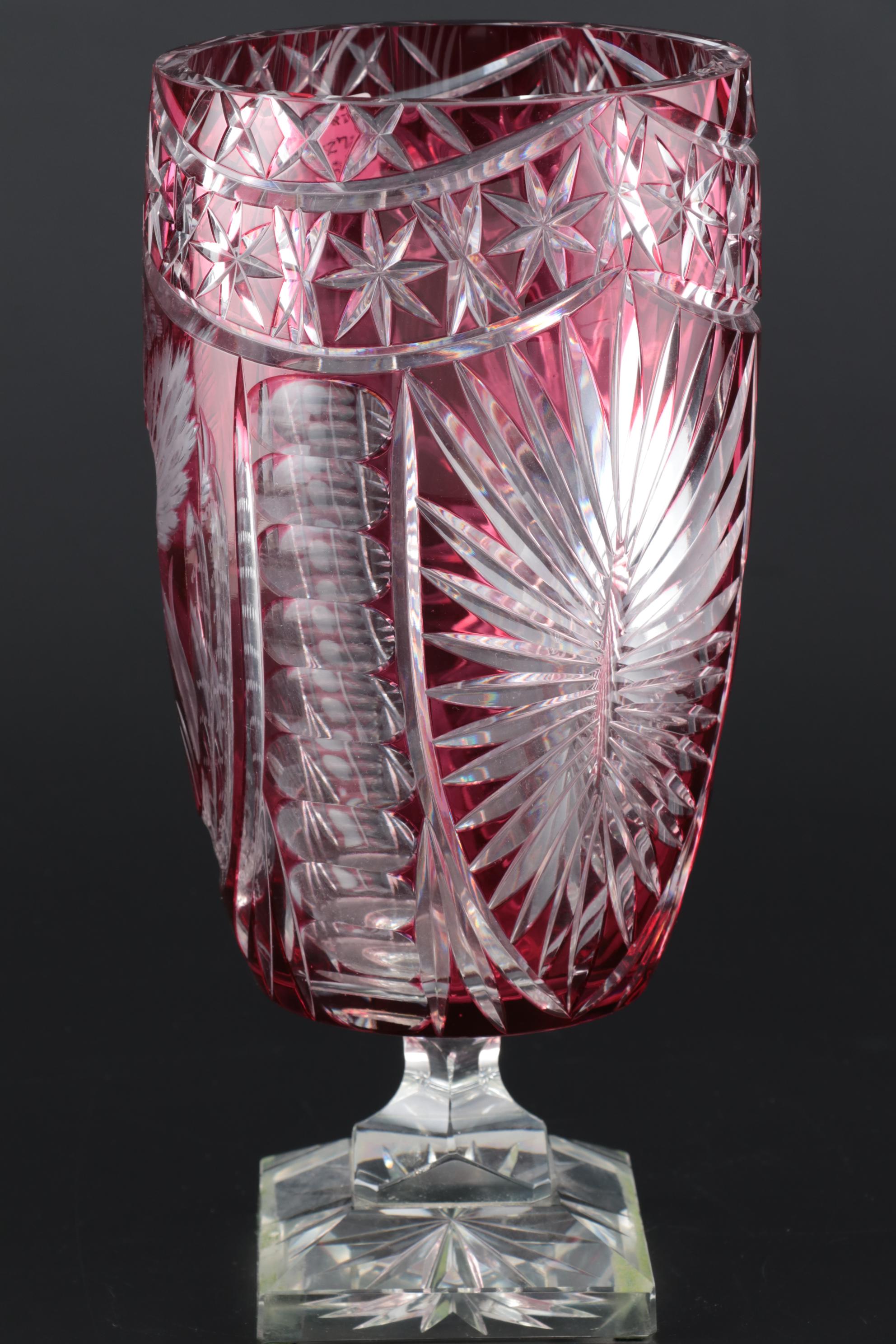 Cranberry Cut to Clear Crystal Vase with Bird in Flight EBTH