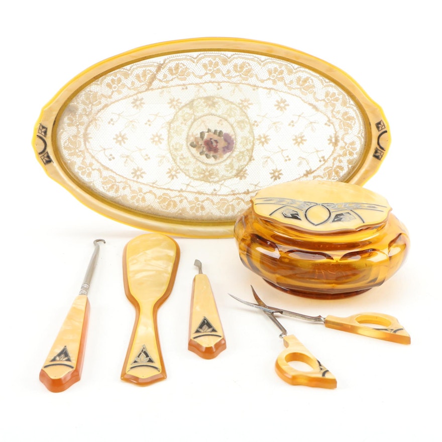 Art Deco Acwalite Enamelled Celluloid Vanity Dresser Set Early
