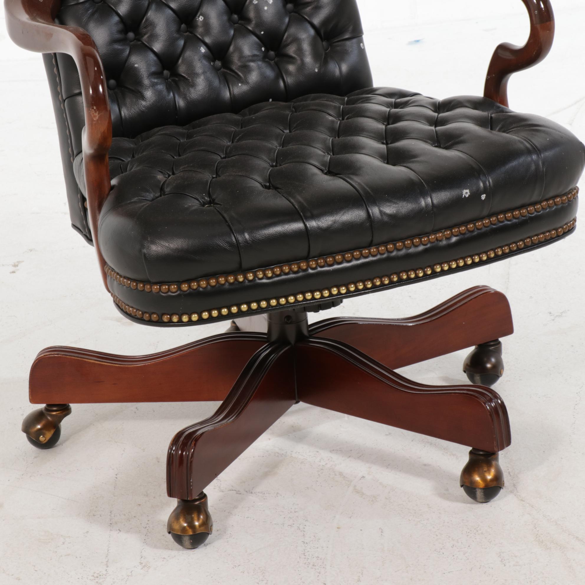 Leather Tufted and MahoganyFinished Wood Executive Desk Chair EBTH