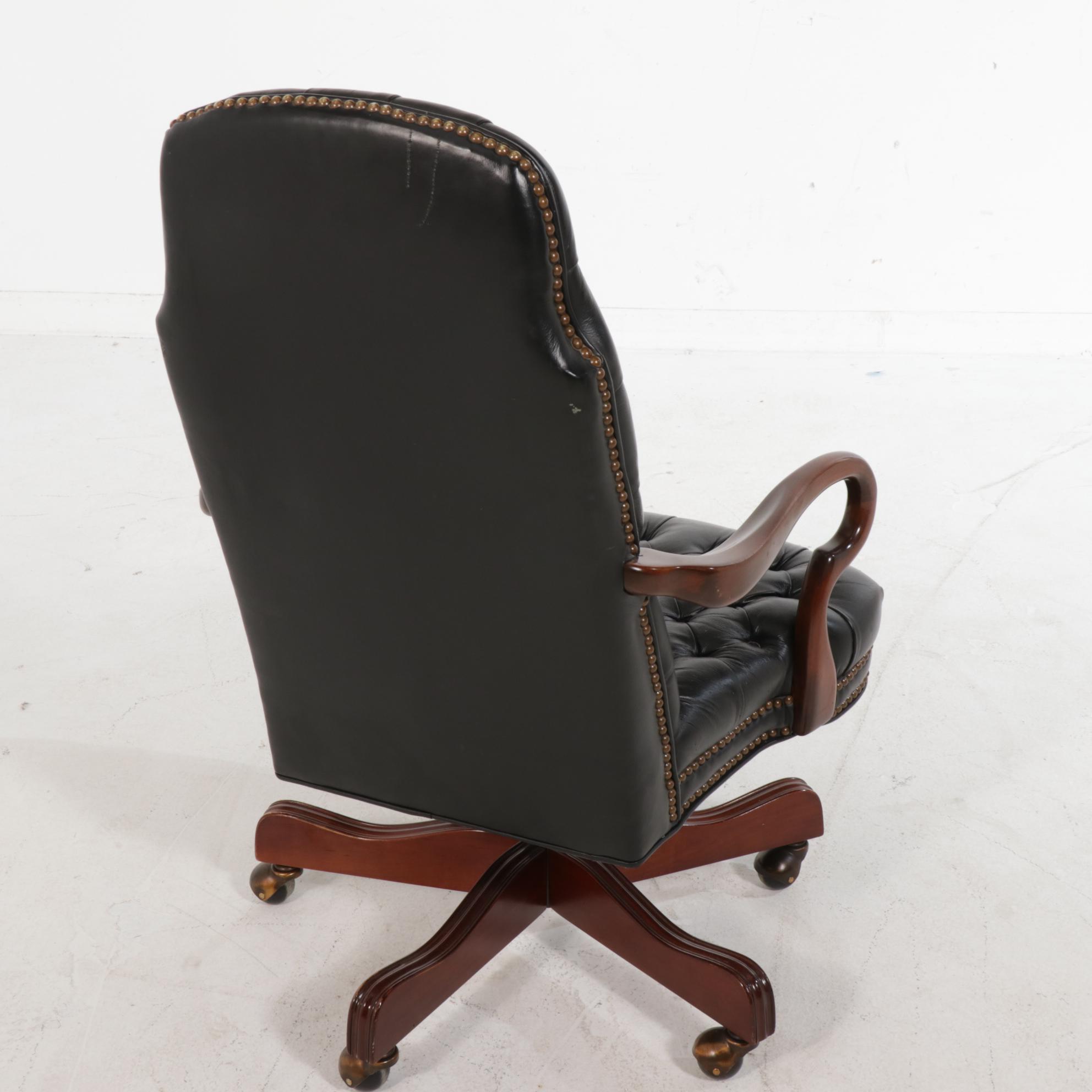 Leather Tufted and MahoganyFinished Wood Executive Desk Chair EBTH