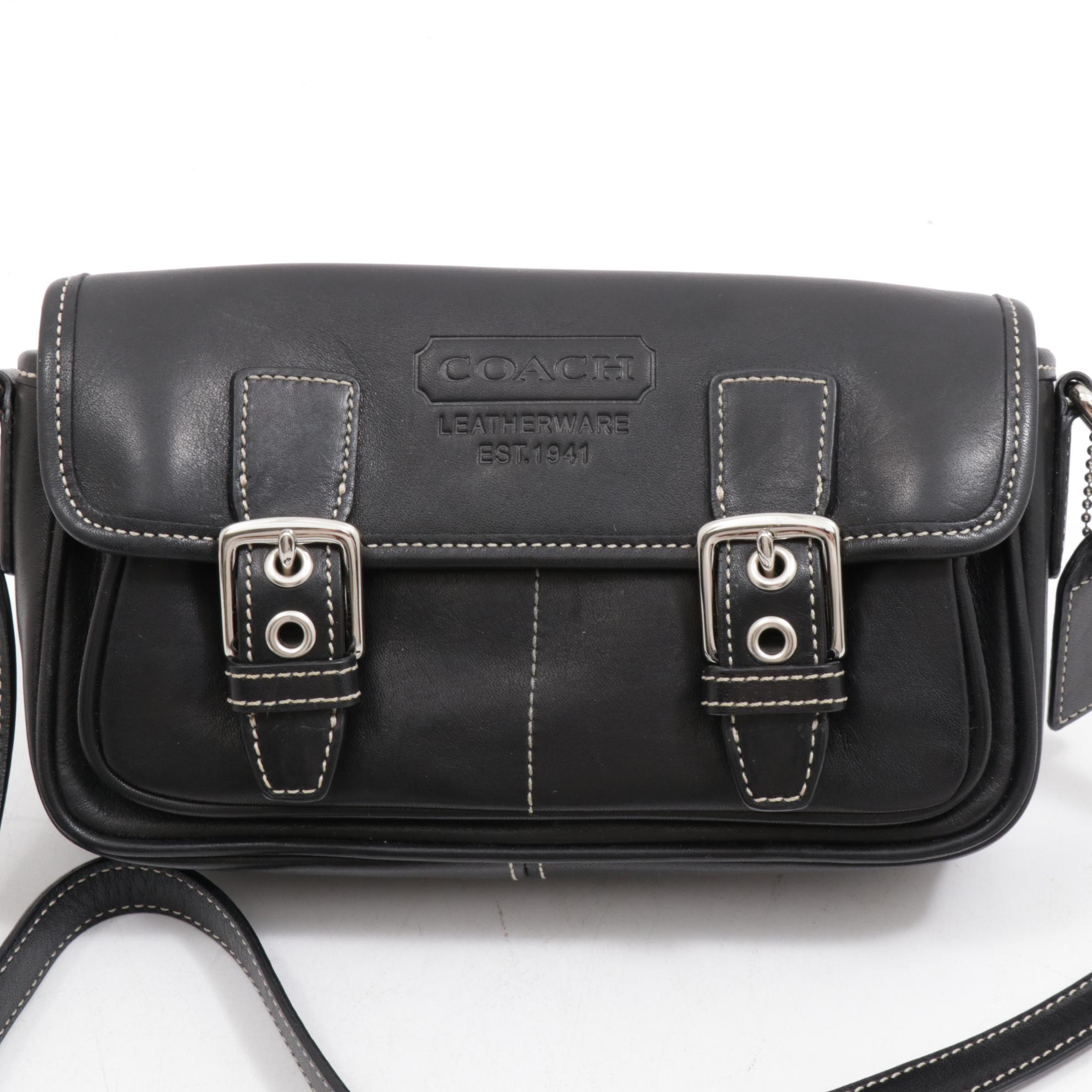 Coach Black Leather Buckle Flap Crossbody Bag with Contrast Stitching