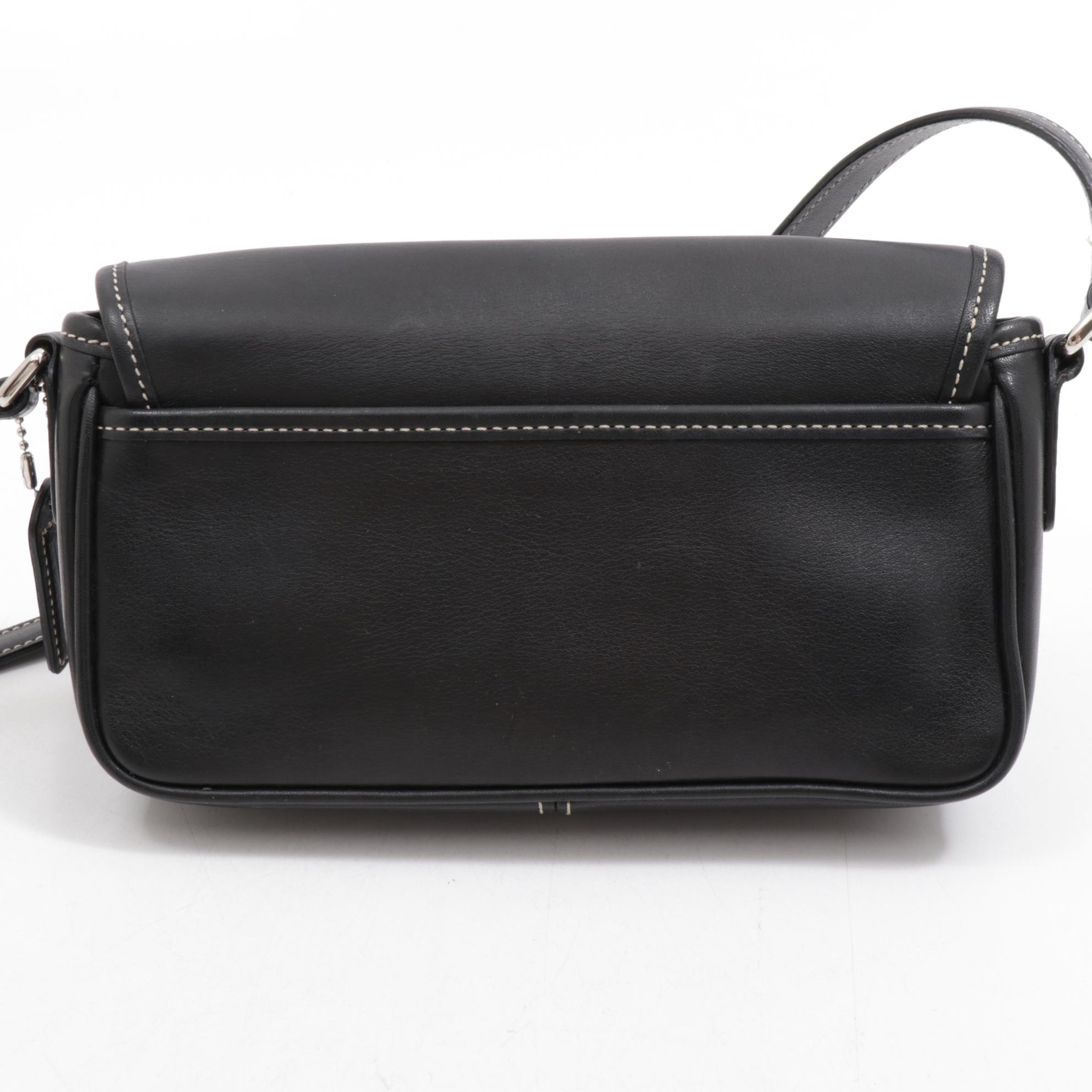 Coach Black Leather Buckle Flap Crossbody Bag with Contrast Stitching