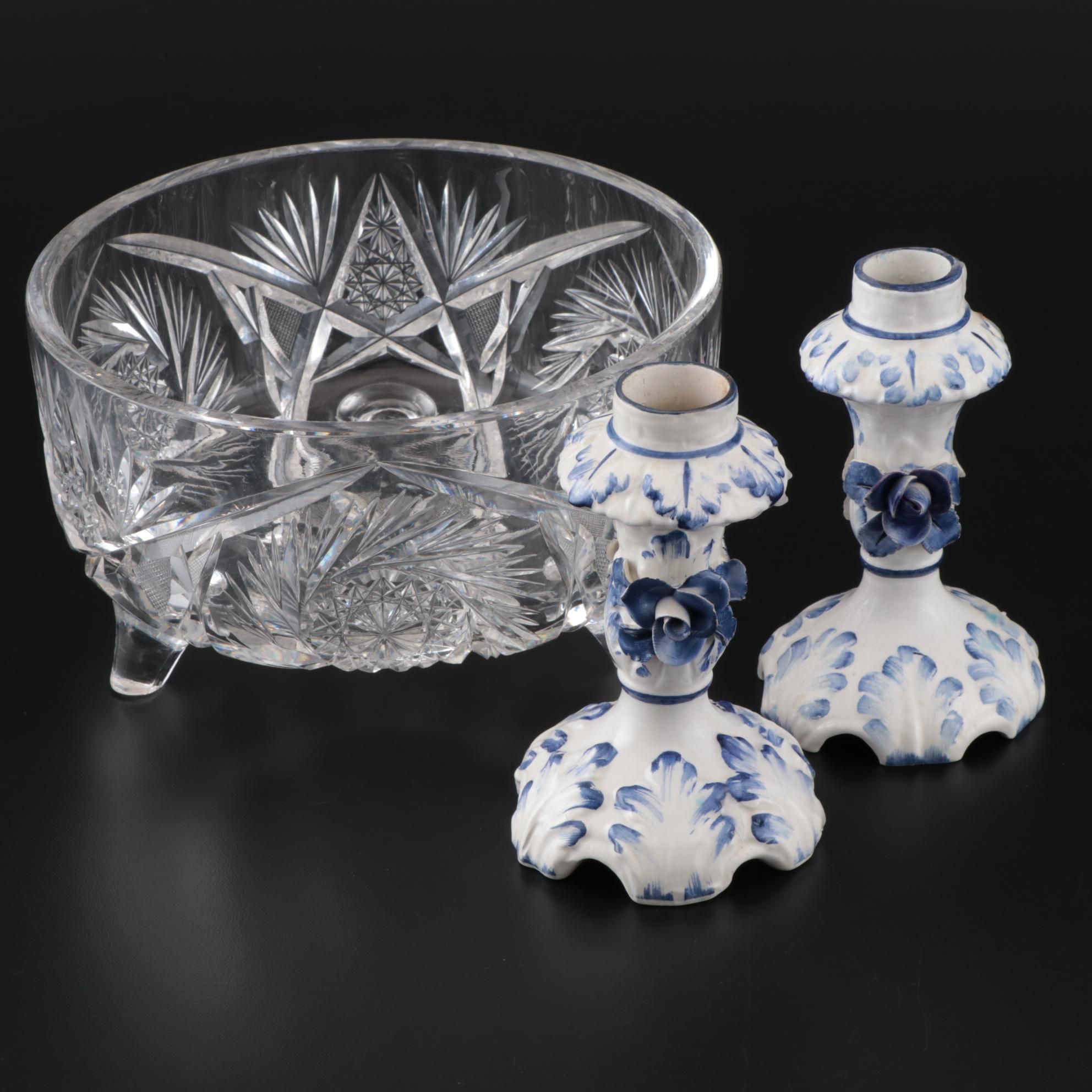 Cut Glass Decorative Bowl with Blue and White Floral Ceramic