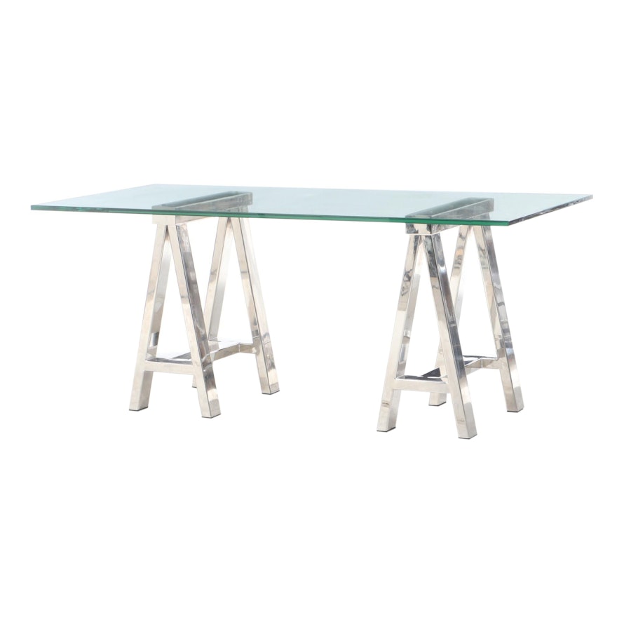 Williams Sonoma Chrome Sawhorse And Glass Top Table 21st Century