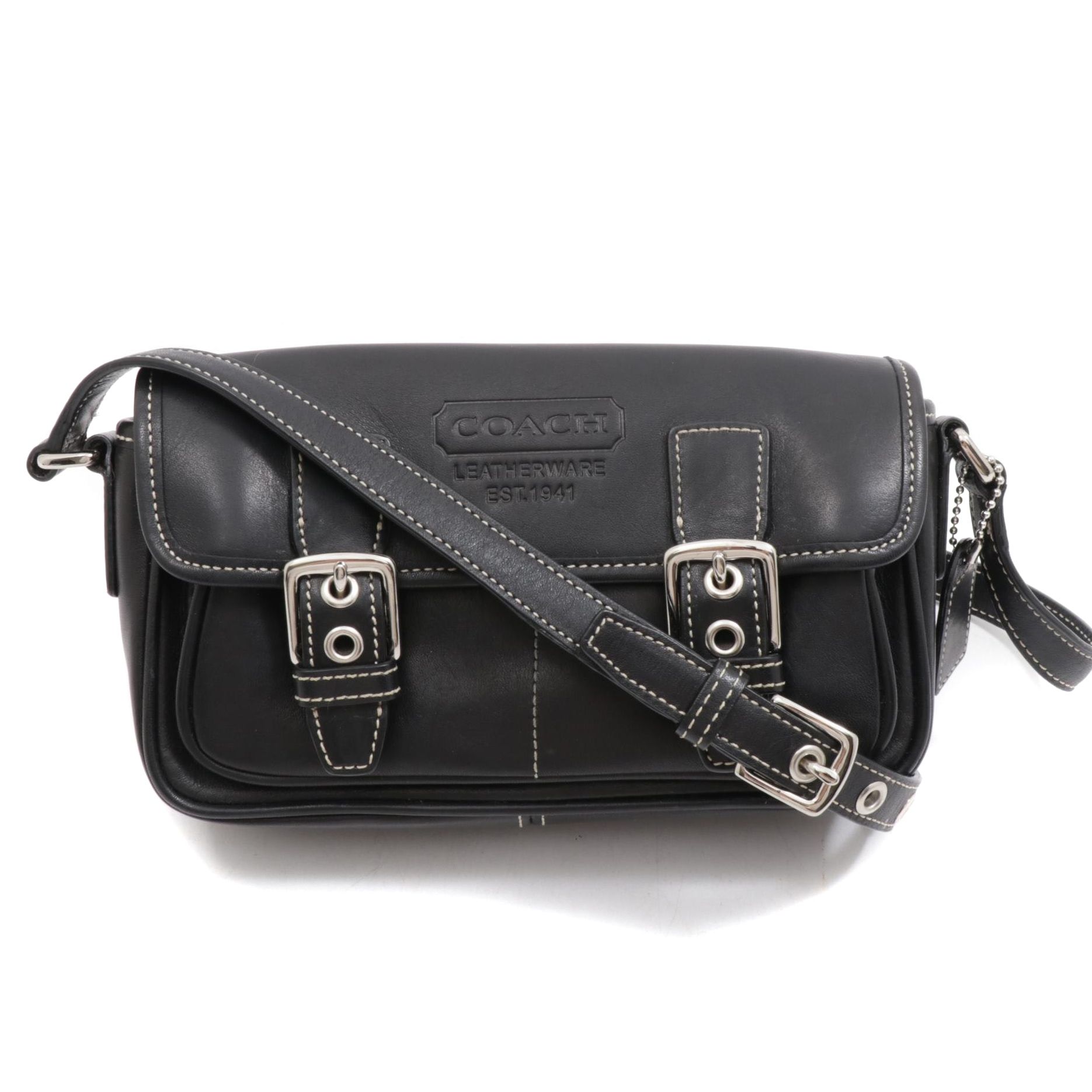 Coach Black Leather Buckle Flap Crossbody Bag with Contrast Stitching