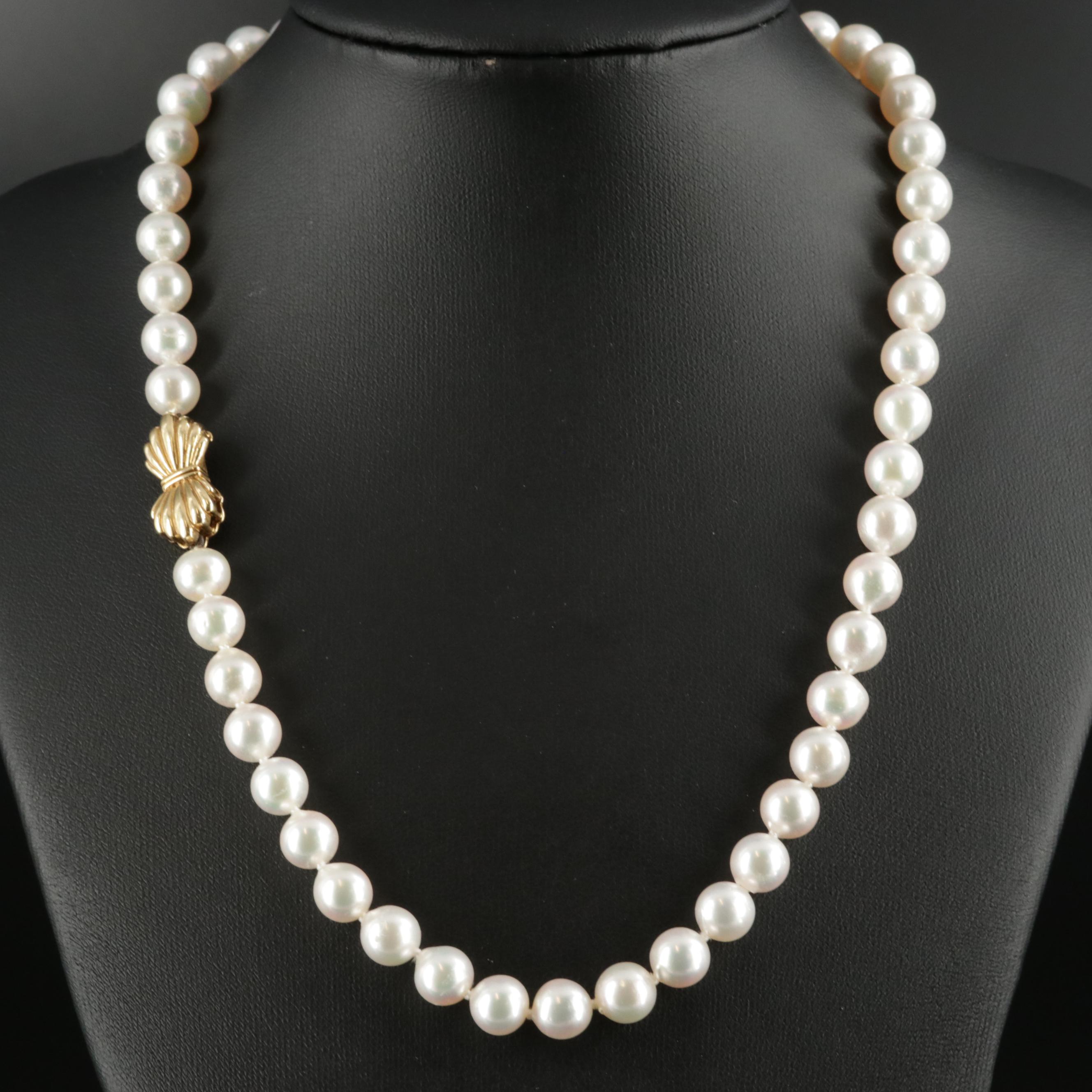 Hand Knotted Cultured Pearl Strand Necklace with Mikimoto 18K Gold Clasp EBTH