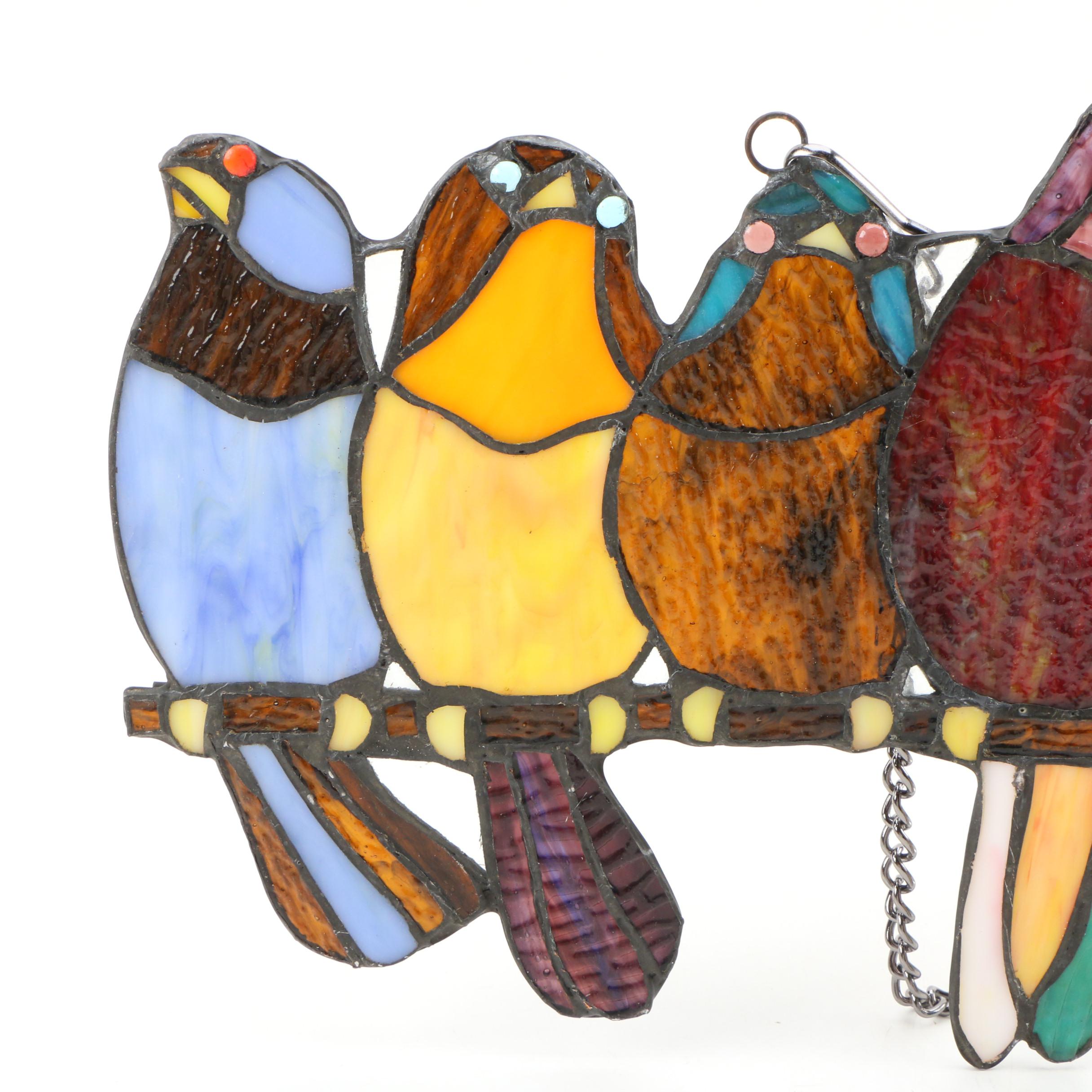 Stained Glass Birds on Branch Hanging Panel EBTH