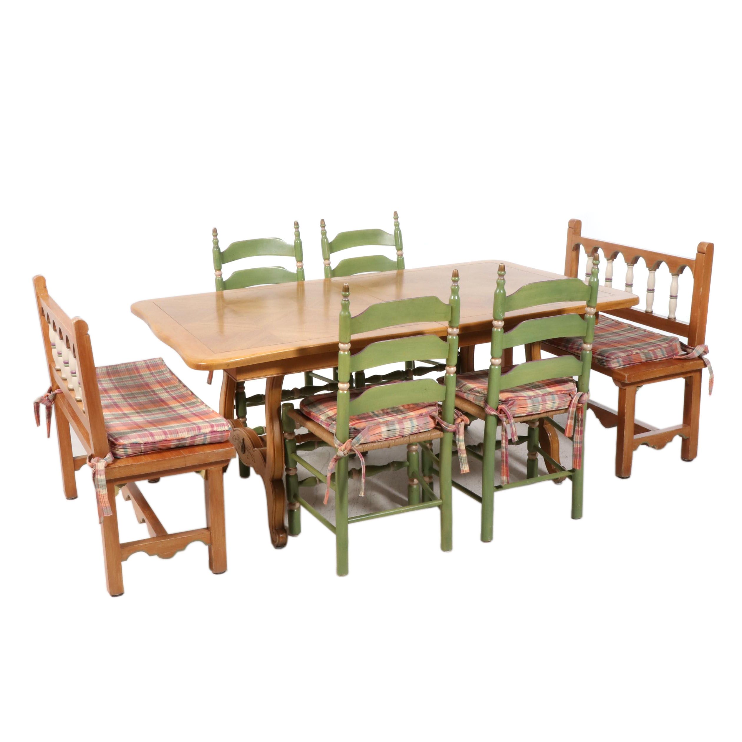 French Provincial Style Oak Dining Table with Bench Seating and Painted