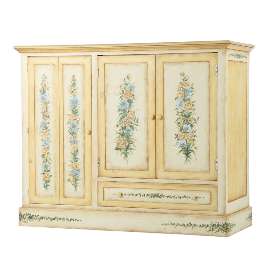 Habersham Plantation Floral Hand Painted Pine Cabinet Late 20th Century Ebth