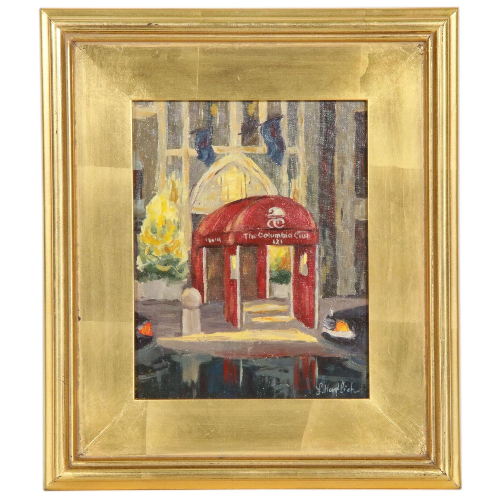 Lesley Haflich Oil Painting Of The Columbia Club Street Front Ebth
