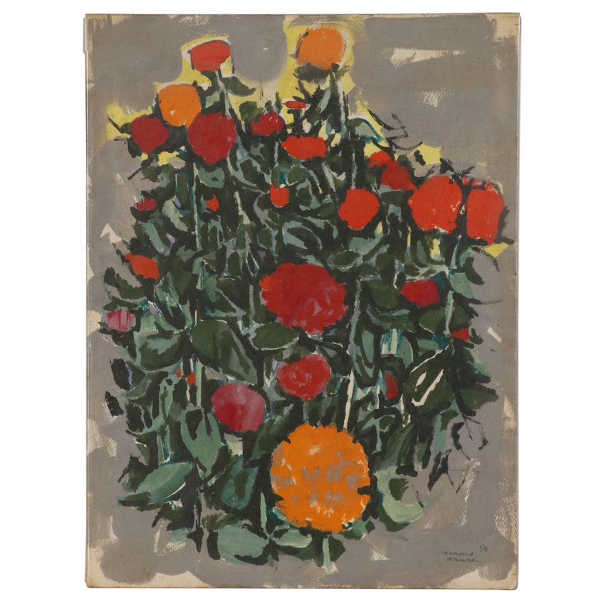 Leonard Maurer Floral Acrylic Painting, 1958