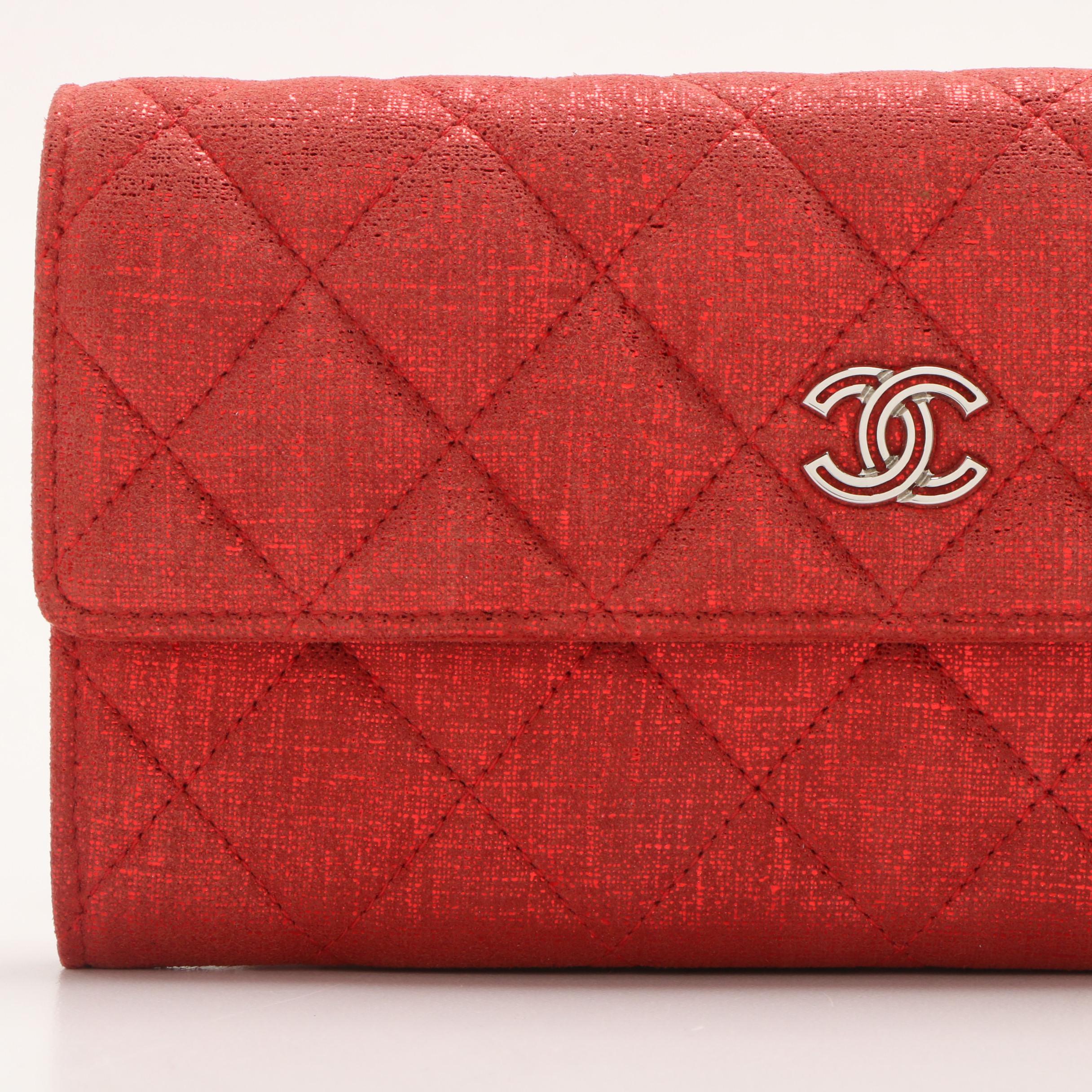 Chanel Red Metallic Quilted Suede CC Gusset Long Flap Wallet EBTH