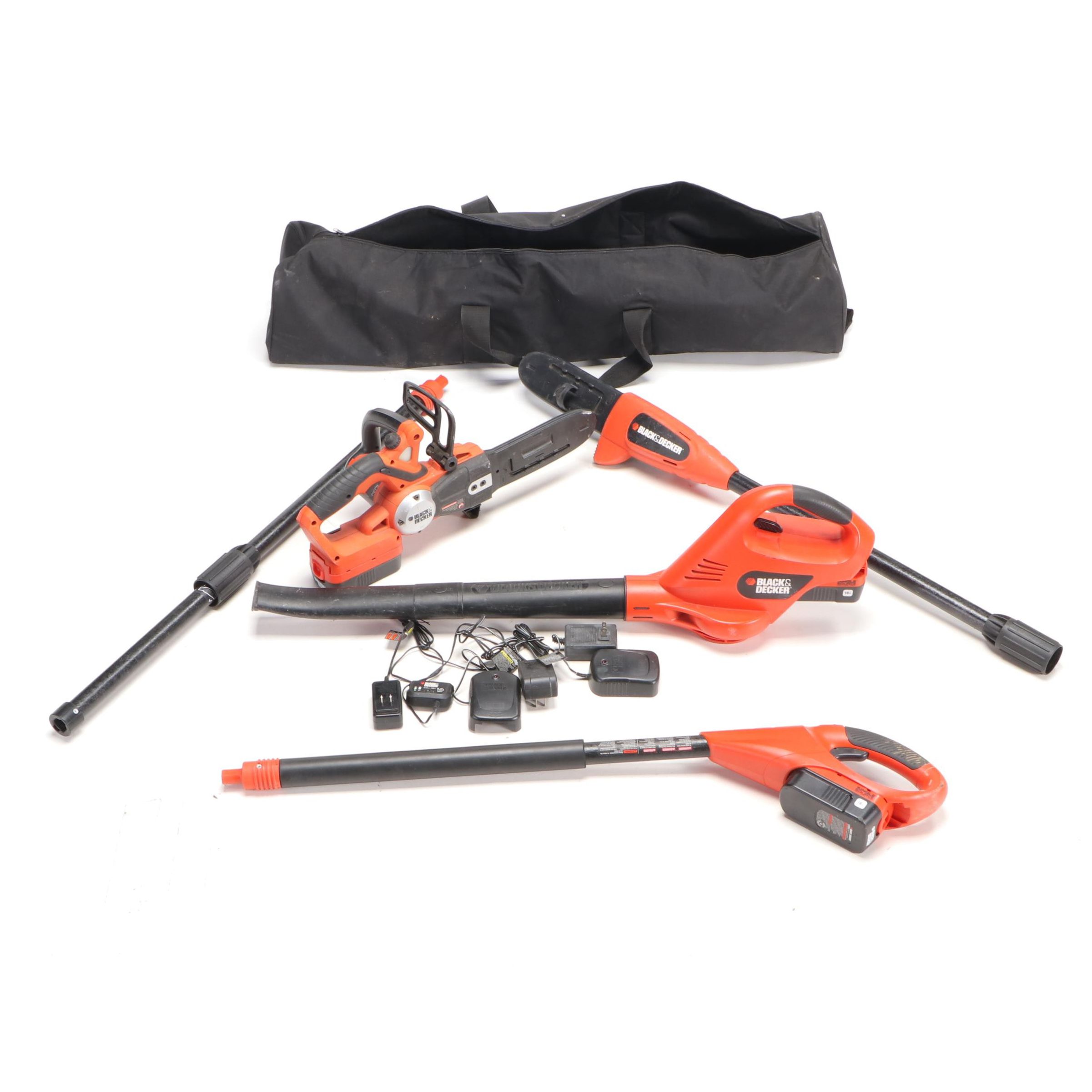 Black + Decker Battery Powered Chainsaw, Pole Saw, and Leaf Blower EBTH
