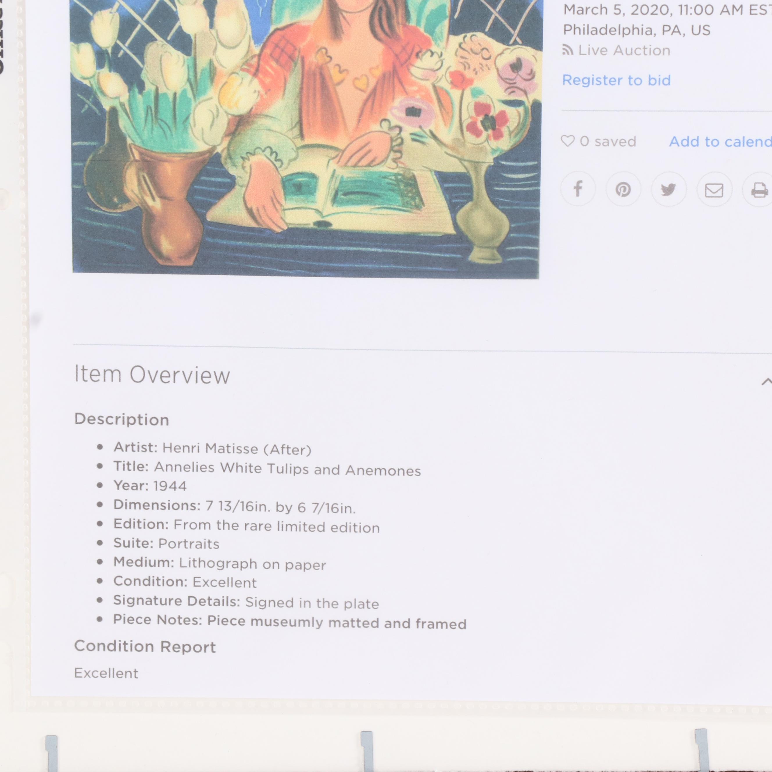 Color Lithograph after Henri Matisse 