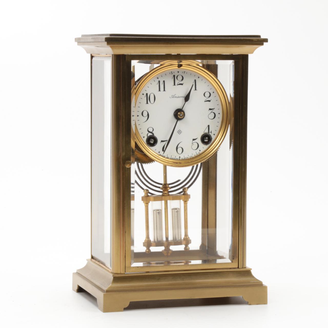 Ansonia Clock Co. Glass Cased Brass Mantel Clock EBTH