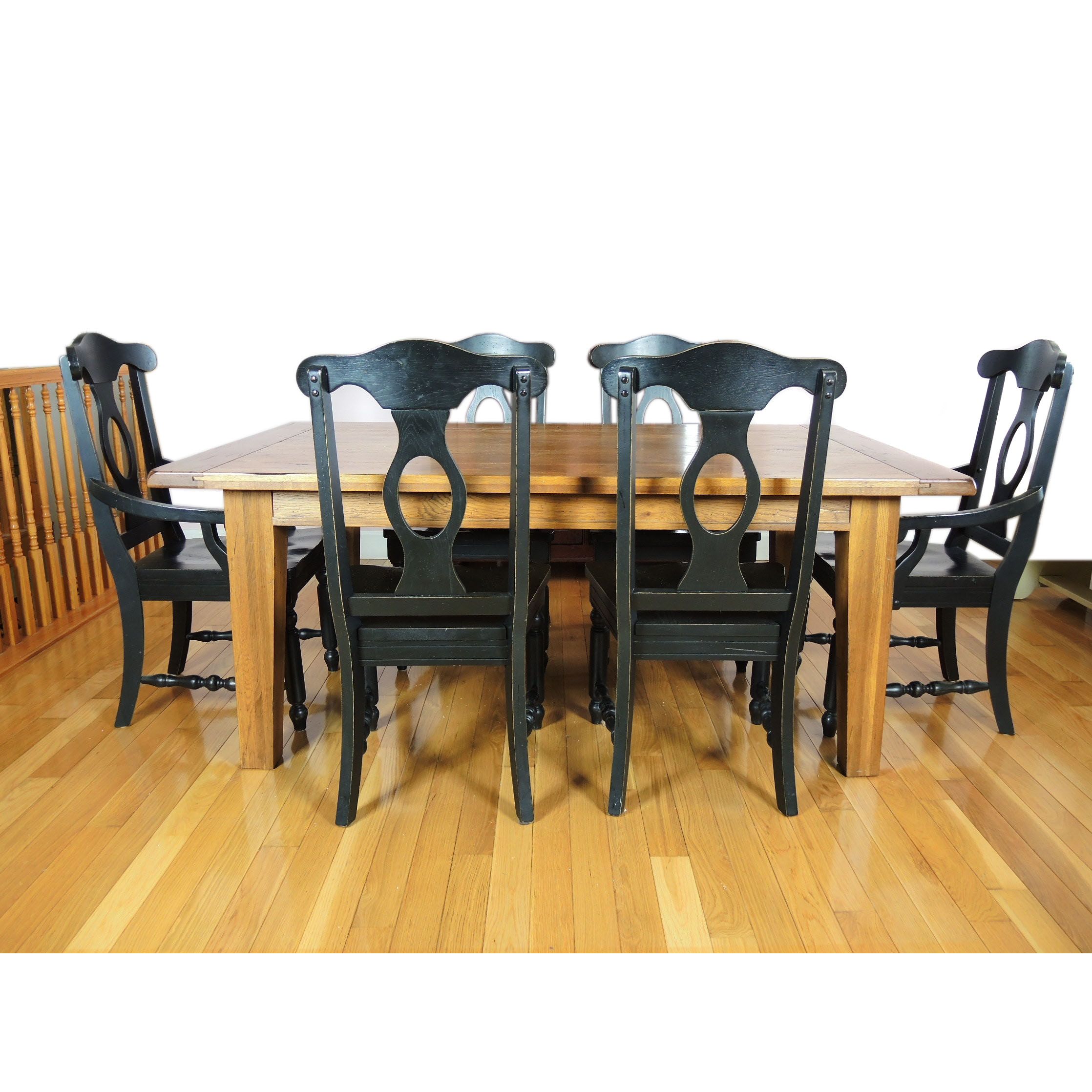 Broyhill Attic Heirlooms Rustic Oak Planked Table And Six Ebonized Chairs Ebth