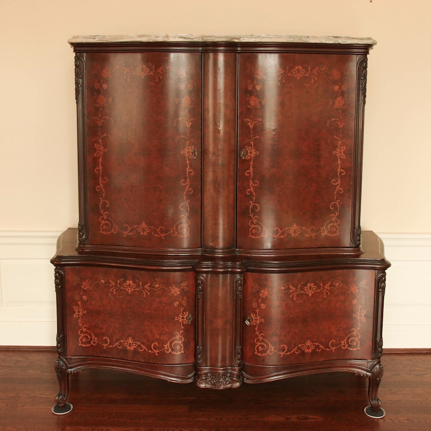 Louis Xv Style Walnut Burl Walnut And Marquetry Marble Top Bar