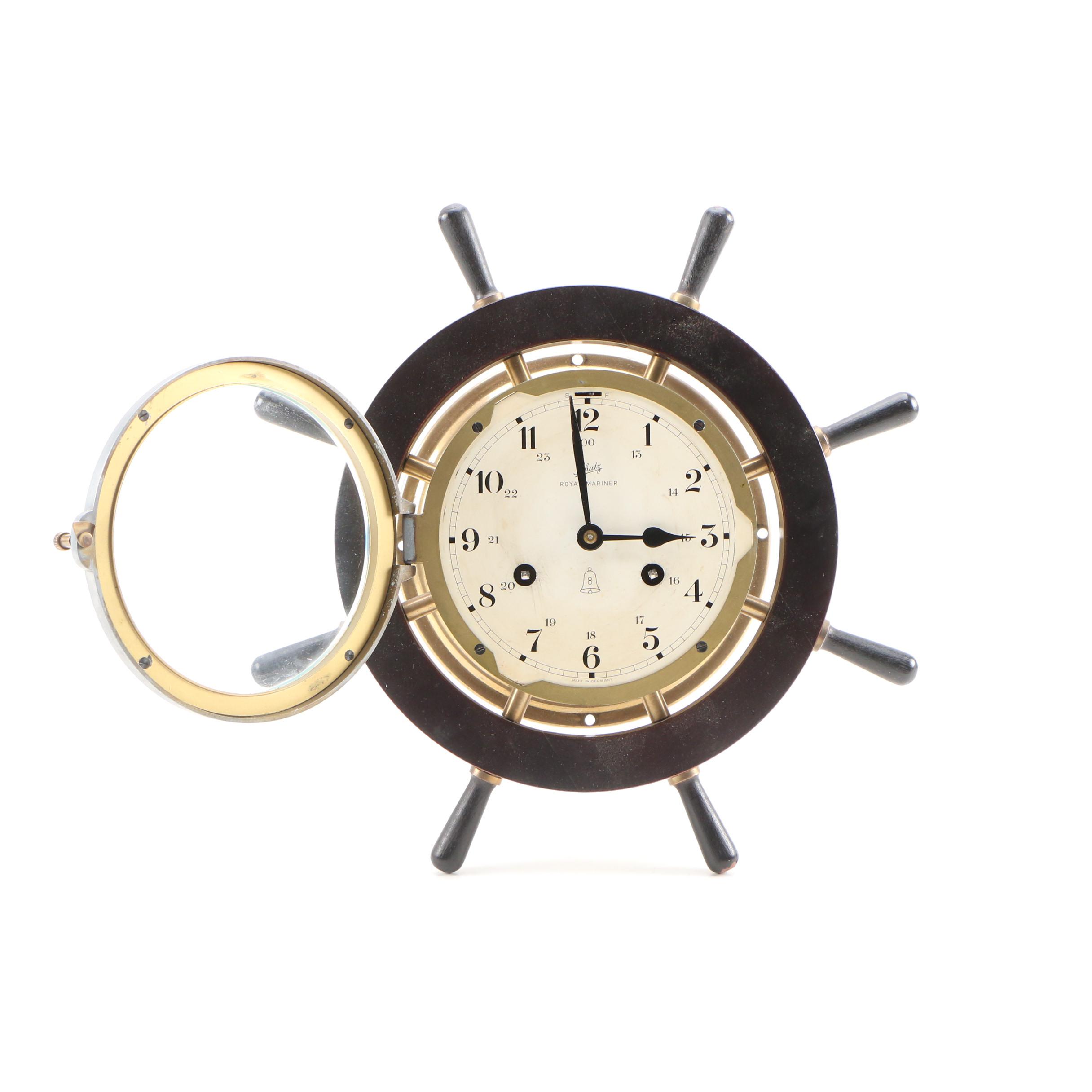 Schatz Royal Mariner Brass 8 Bell Ships Wheel Clock, Mid 20th Century EBTH