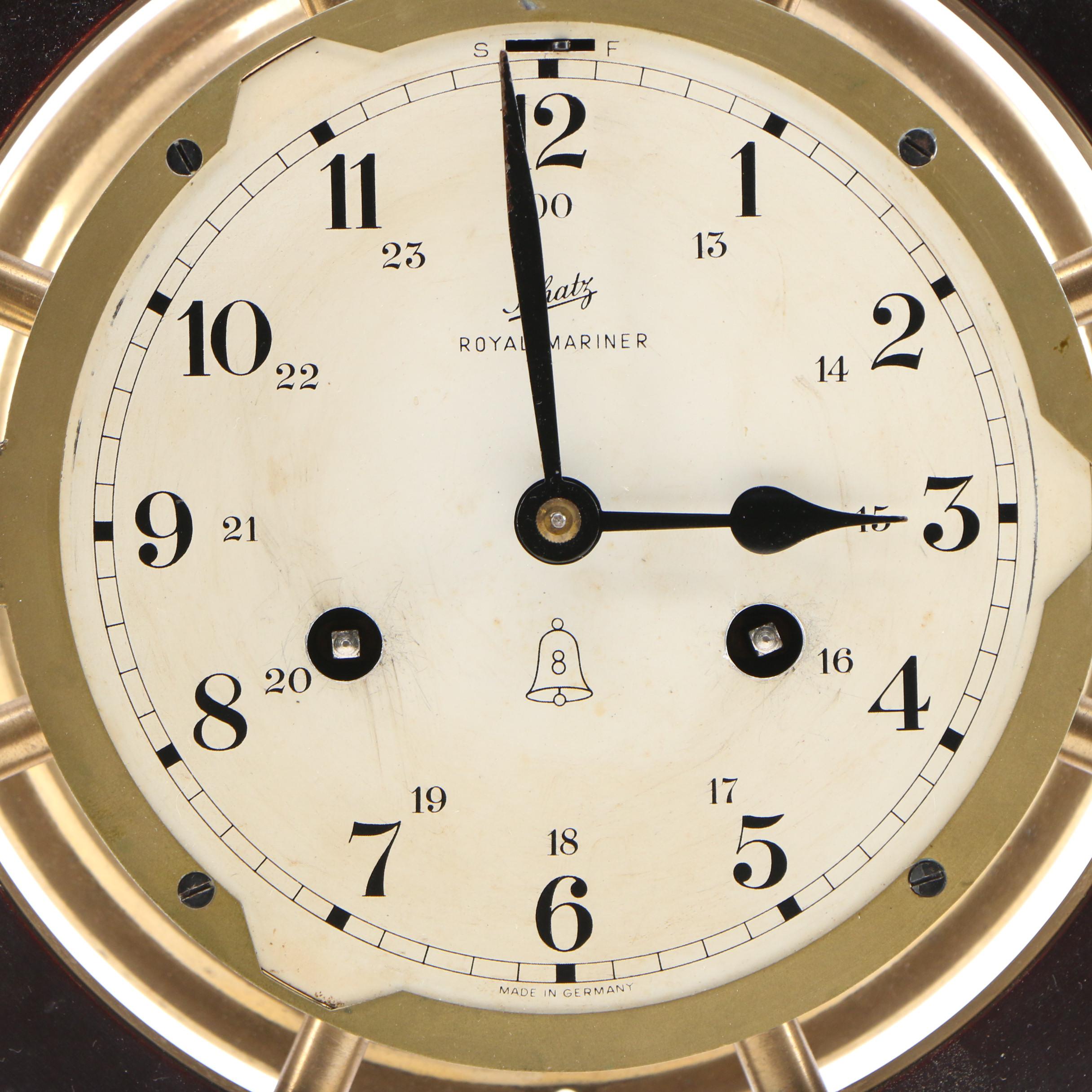 Schatz Royal Mariner Brass 8 Bell Ships Wheel Clock, Mid 20th Century