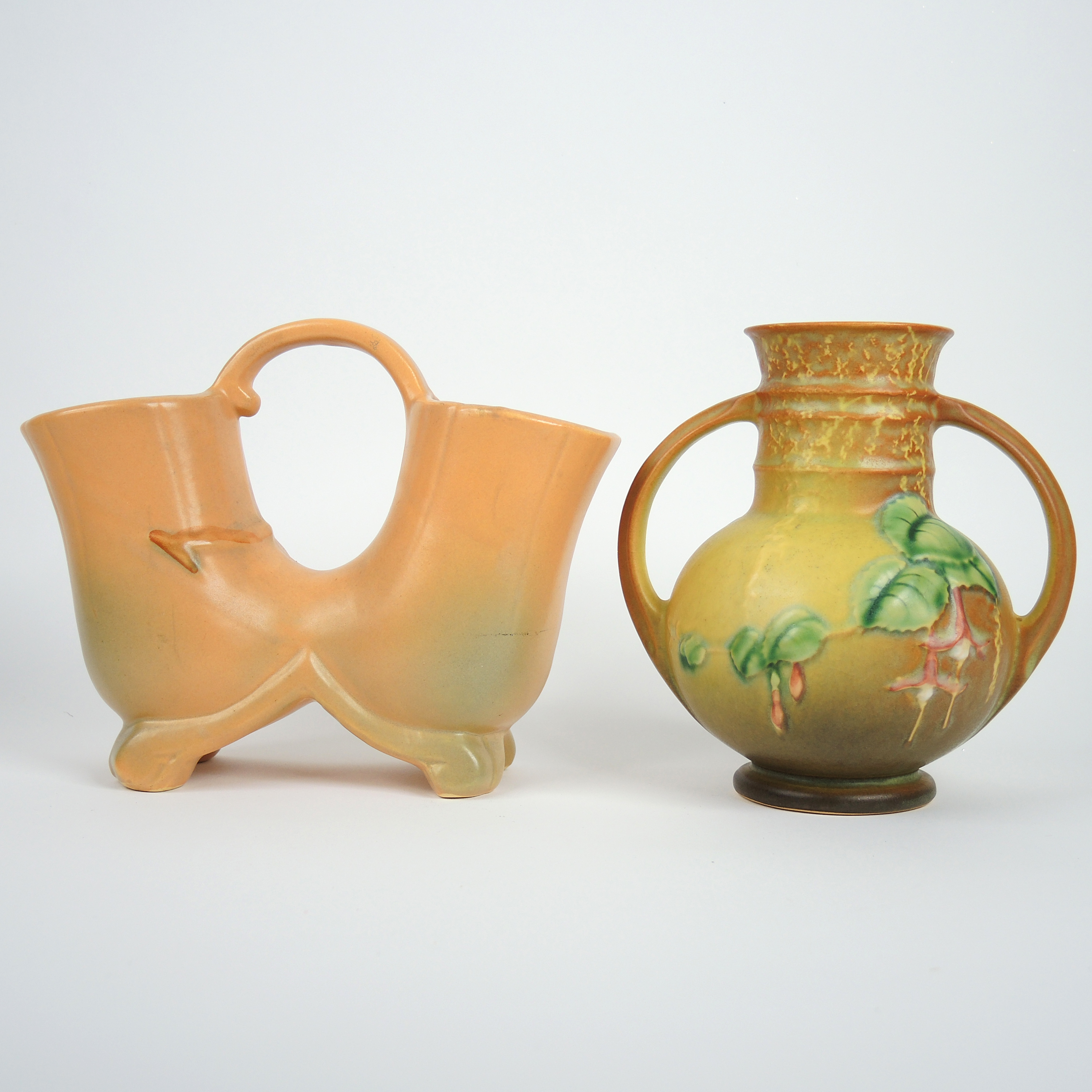 Weller Pottery "Wild Rose" Double Vase and Roseville "Fuchsia" Pottery