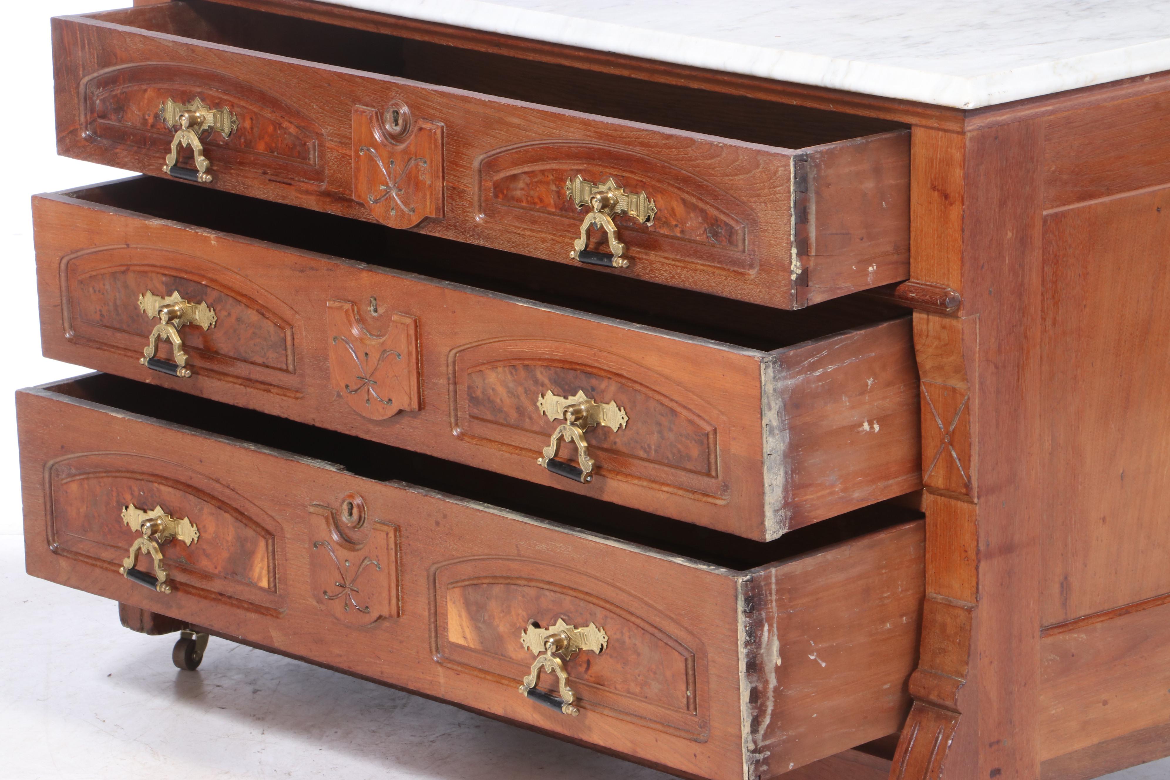 Victorian Walnut, Burl Walnut, and White Marble Low Chest of Drawers | EBTH