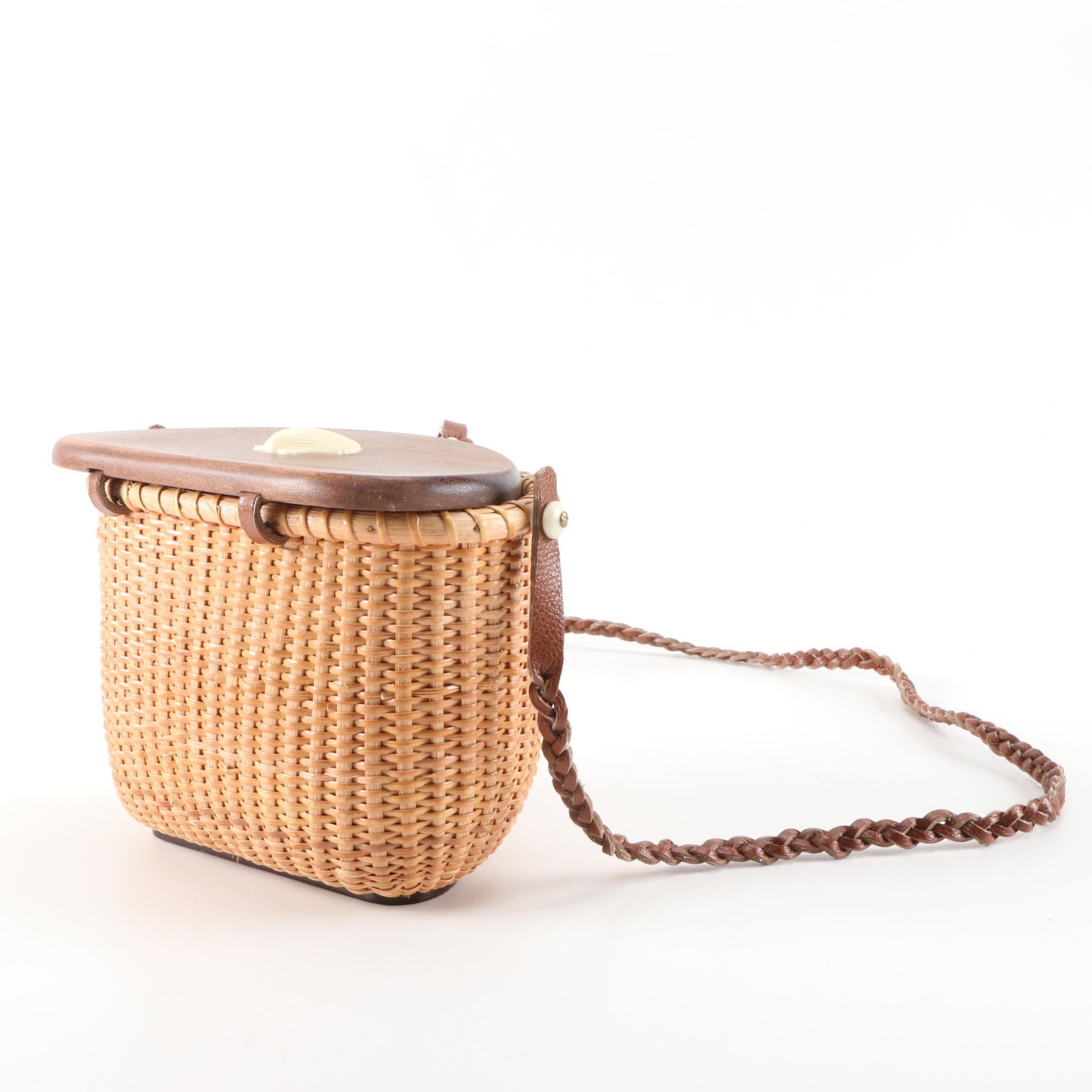 Nantucket Style Wicker Basket Purse with Braided Leather Strap and Faux
