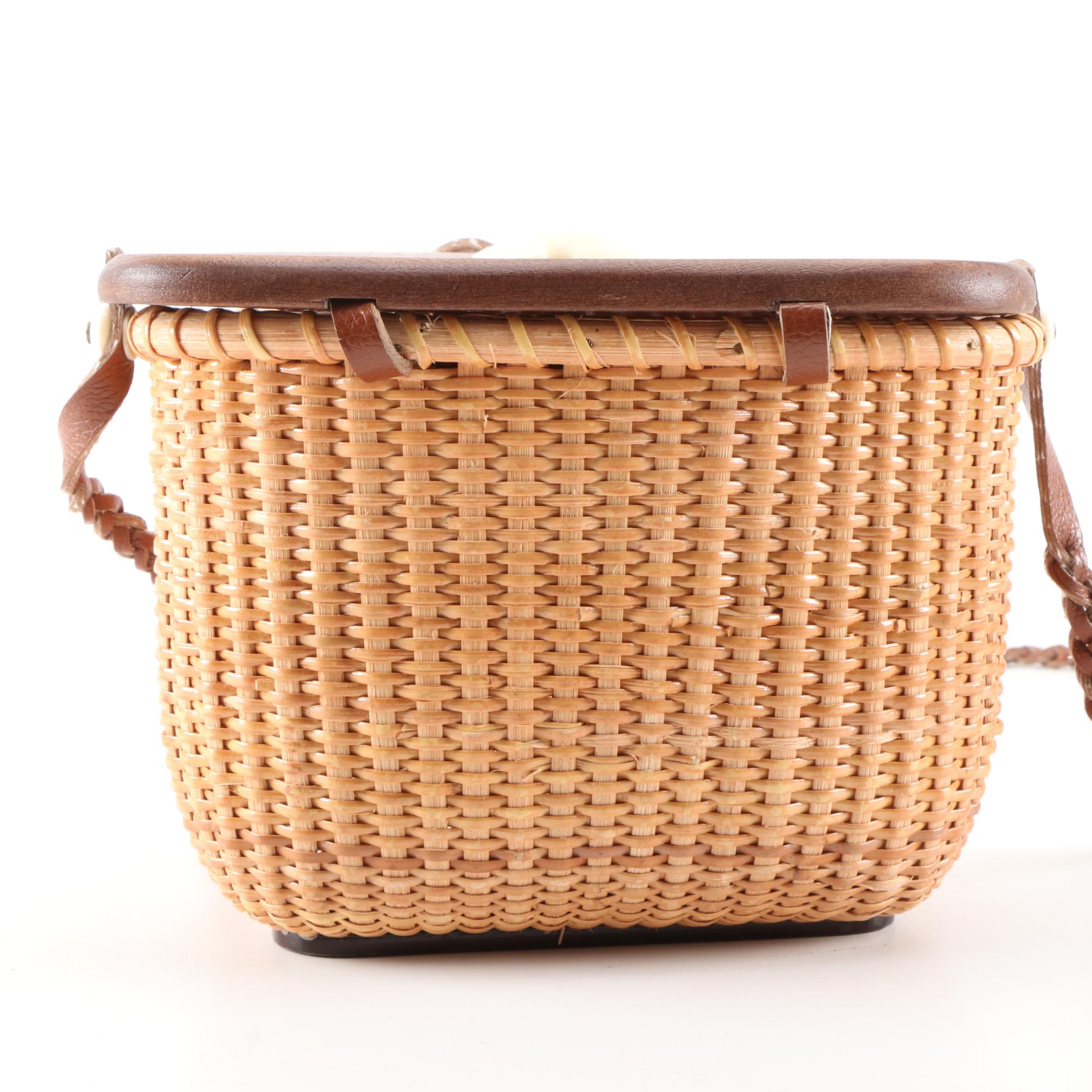 Nantucket Style Wicker Basket Purse with Braided Leather Strap and Faux