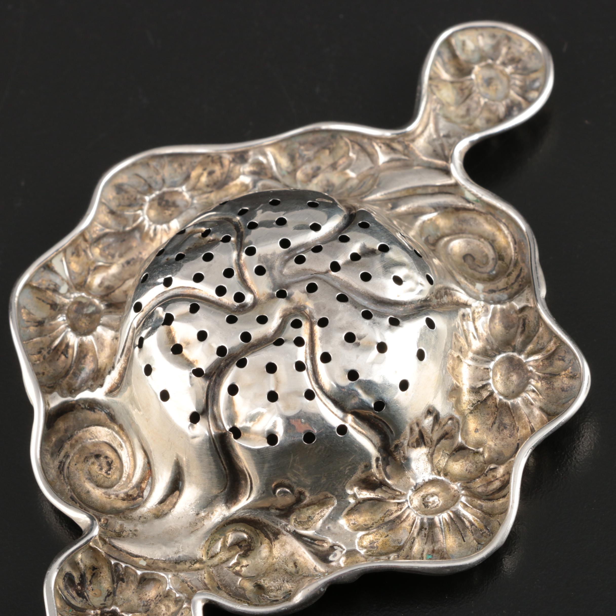 Floral Repoussé Sterling Silver Overcup Tea Strainer, Early/Mid 20th