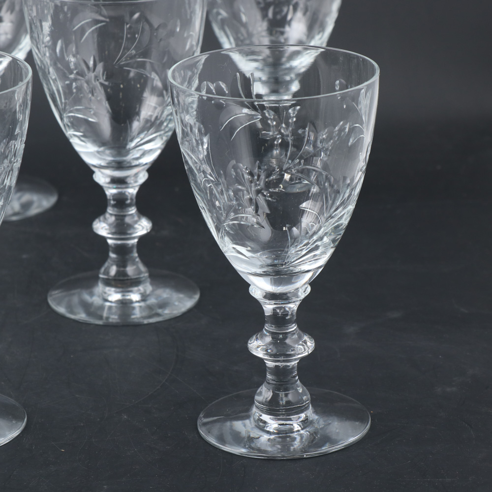 Set of Twelve Etched Floral Glass Water Goblets, Mid-20th ...