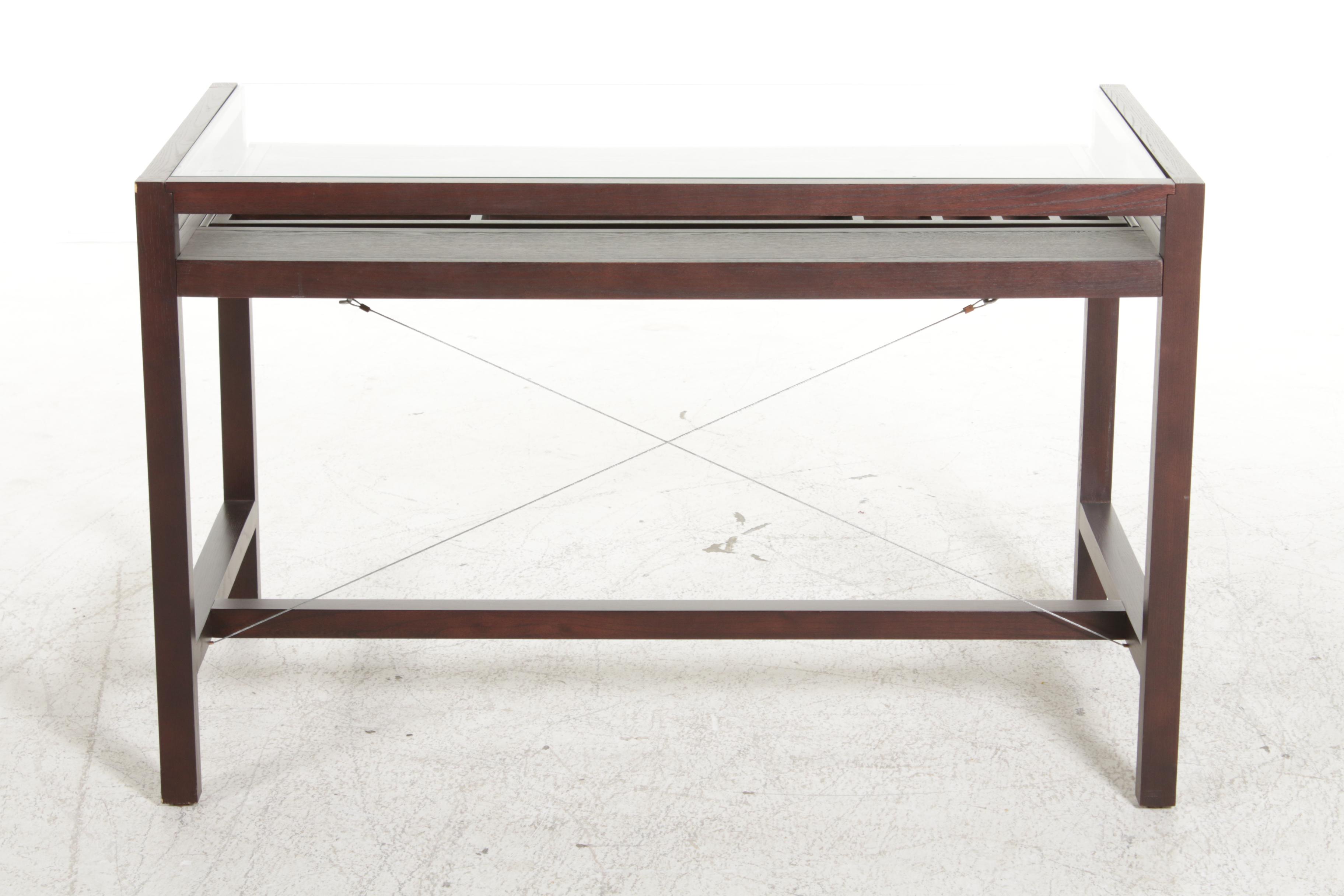 Modernist Style Glass Top Computer Desk with Keyboard Tray & Organizer Shelf EBTH