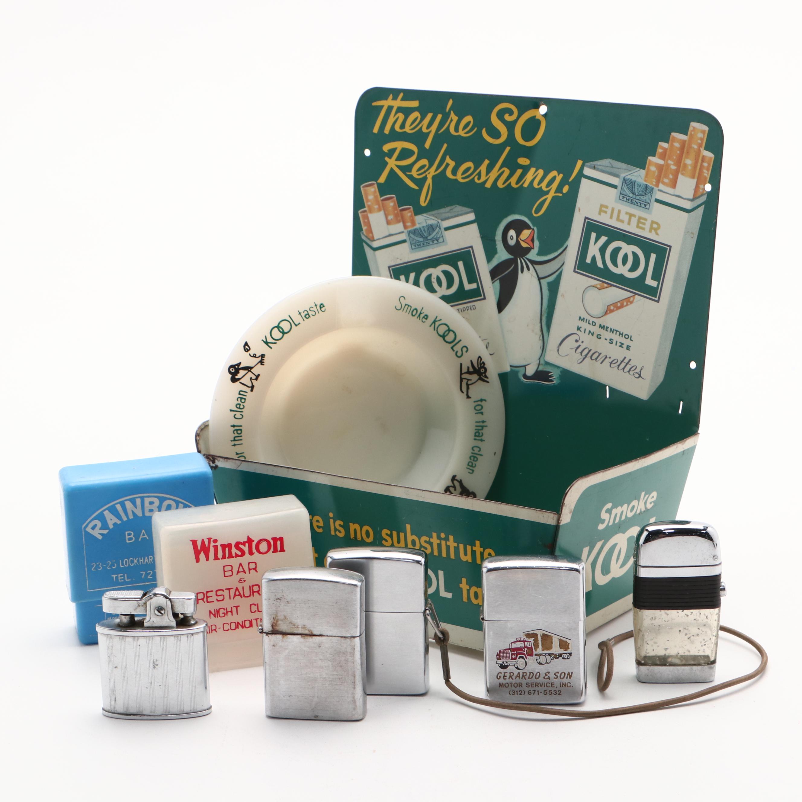 Kool Metal Cigarette Counter Display, Ashtray, with Lighters, Mid20th