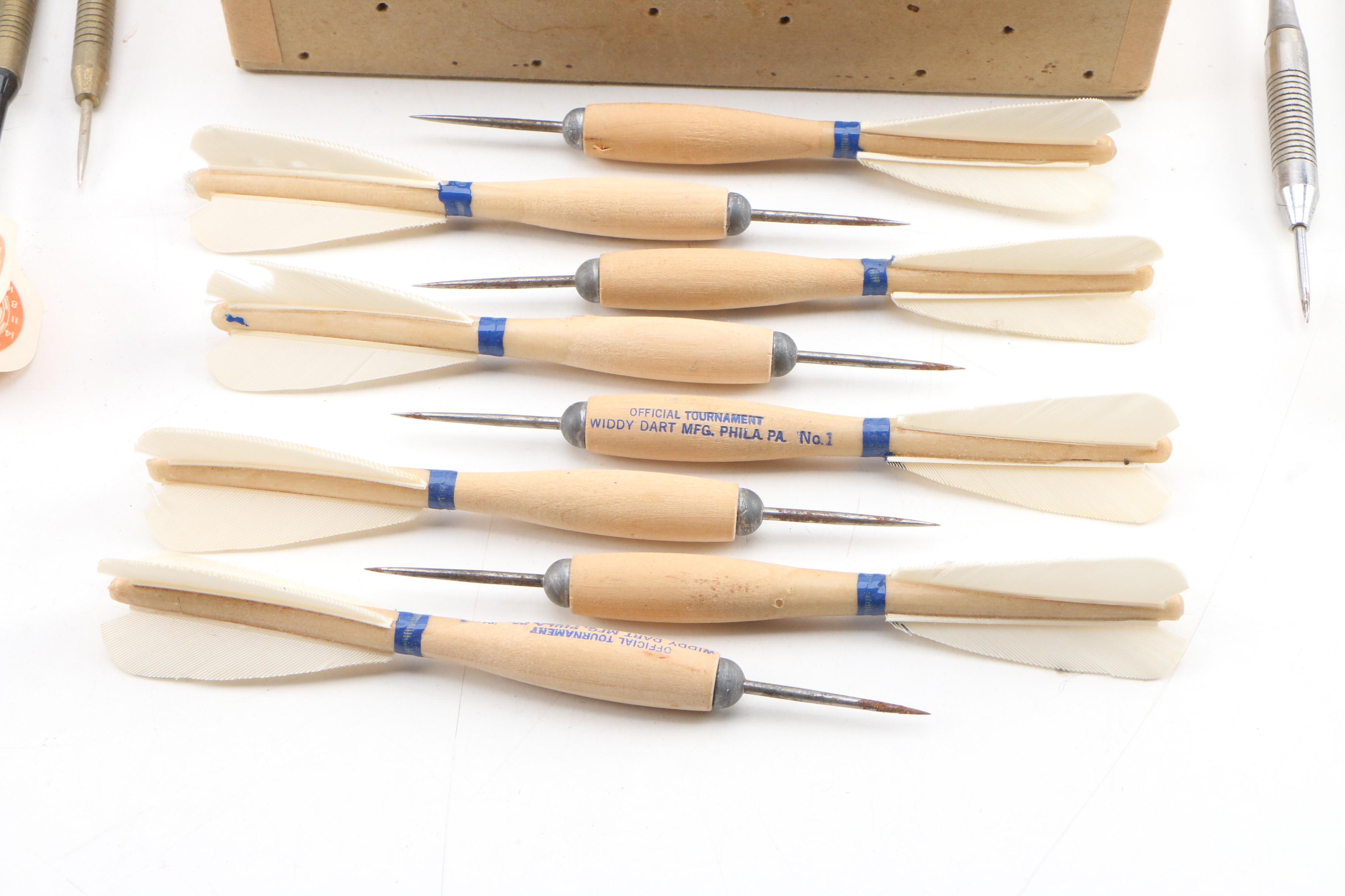 Feathered Wood and Metal Throwing Darts Housed in Wood Box, Mid20th C. EBTH