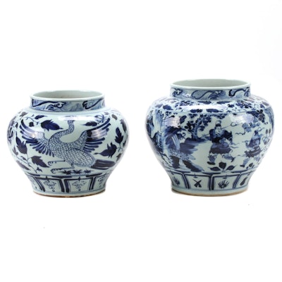 Chinese Blue and White Qinghua Piling Painted Jardinières Chinese Blue and White Qinghua Piling Painted Jardinières