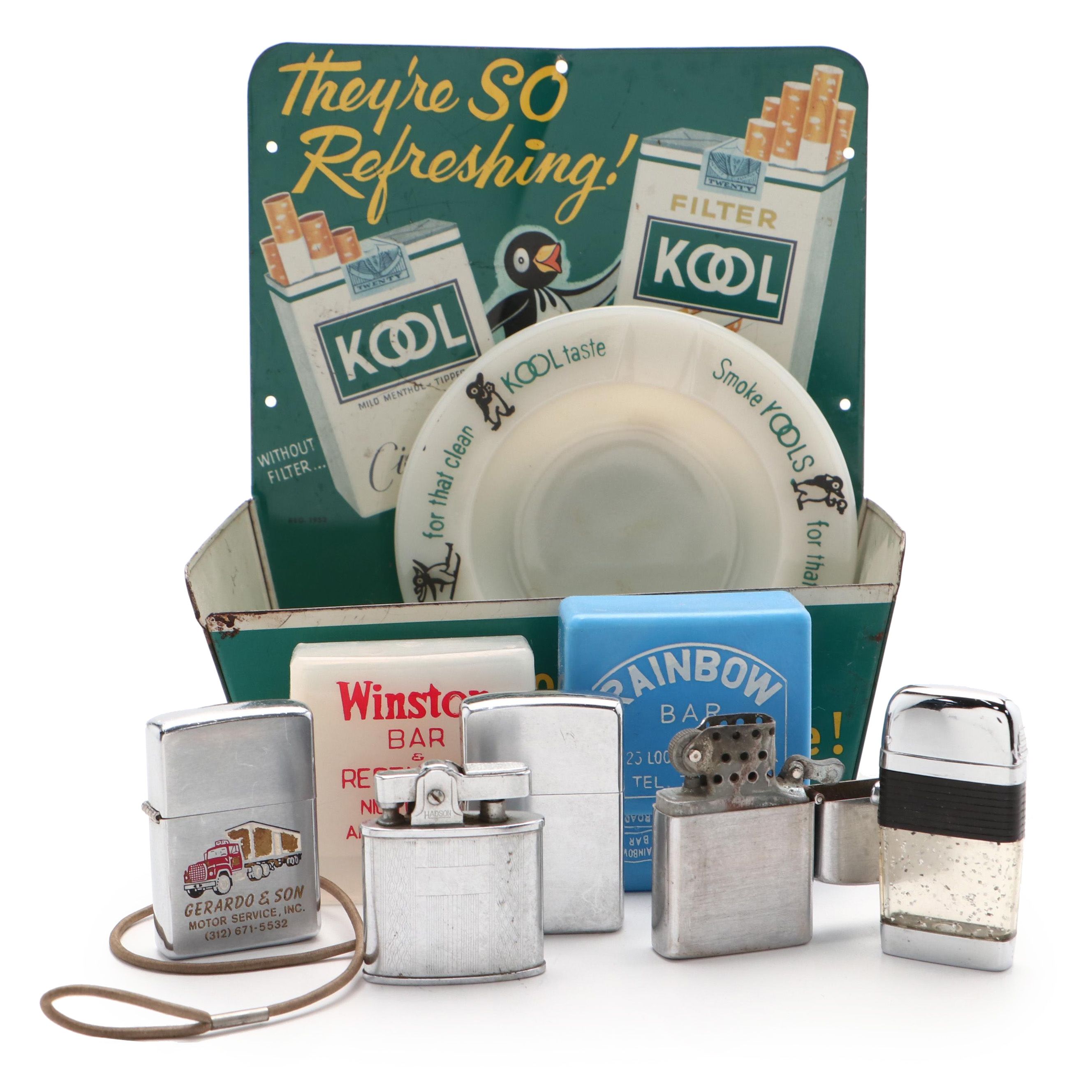 Kool Metal Cigarette Counter Display, Ashtray, with Lighters, Mid20th