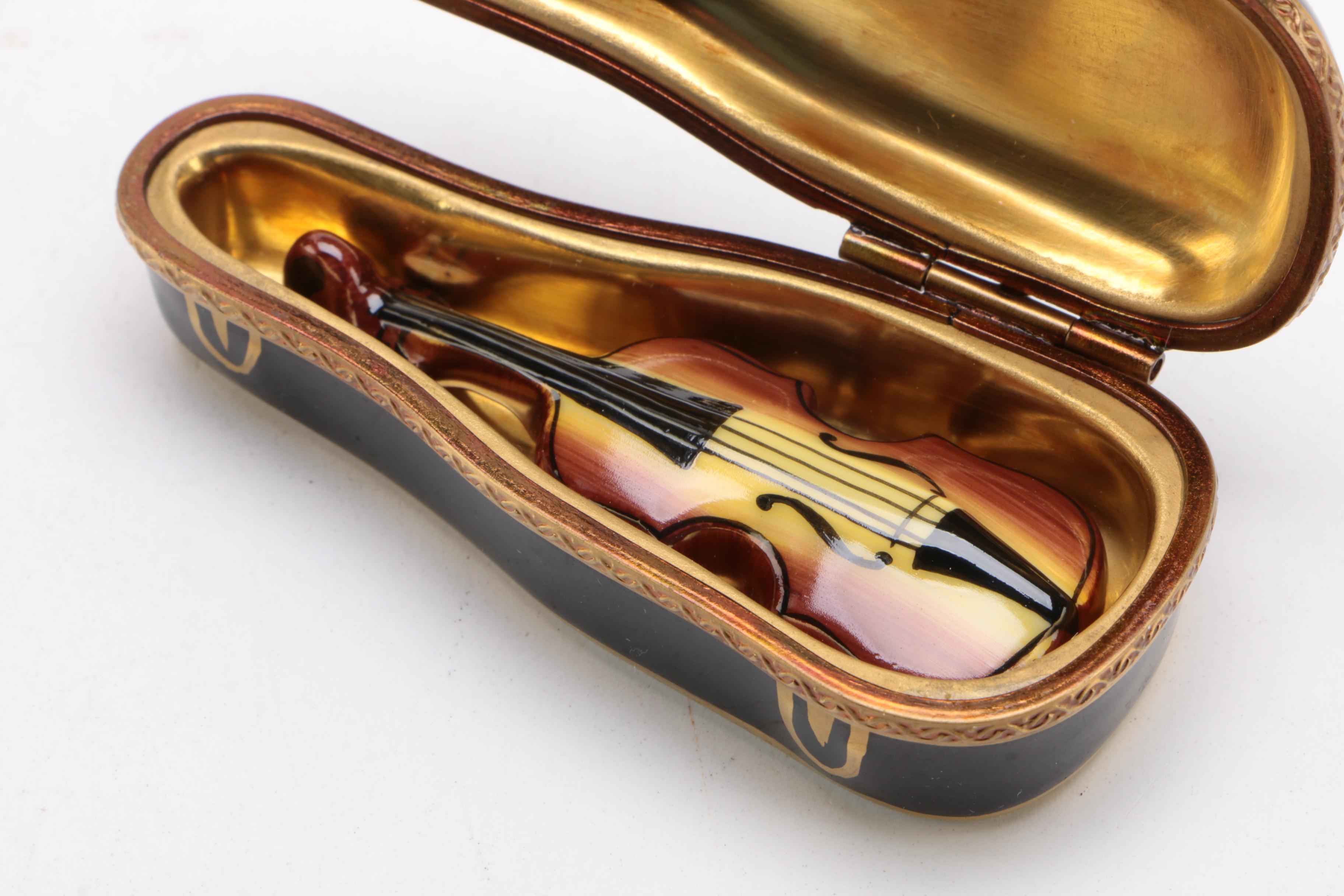 Parry Vielle Limoges "Violin Case" Hand Painted Trinket Box EBTH