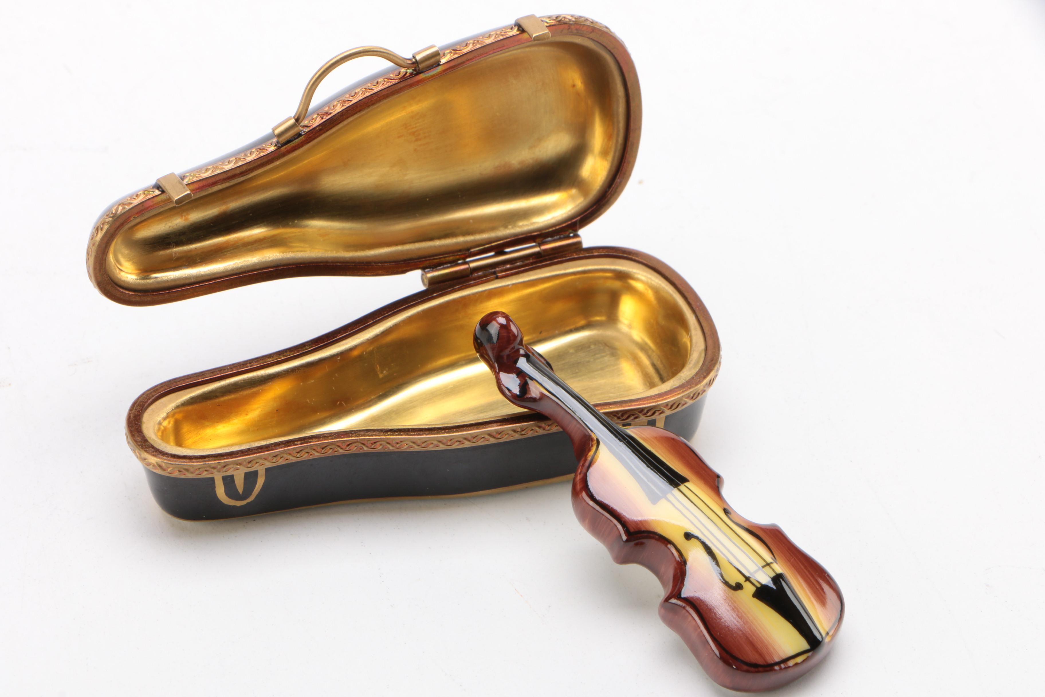 Parry Vielle Limoges "Violin Case" Hand Painted Trinket Box EBTH