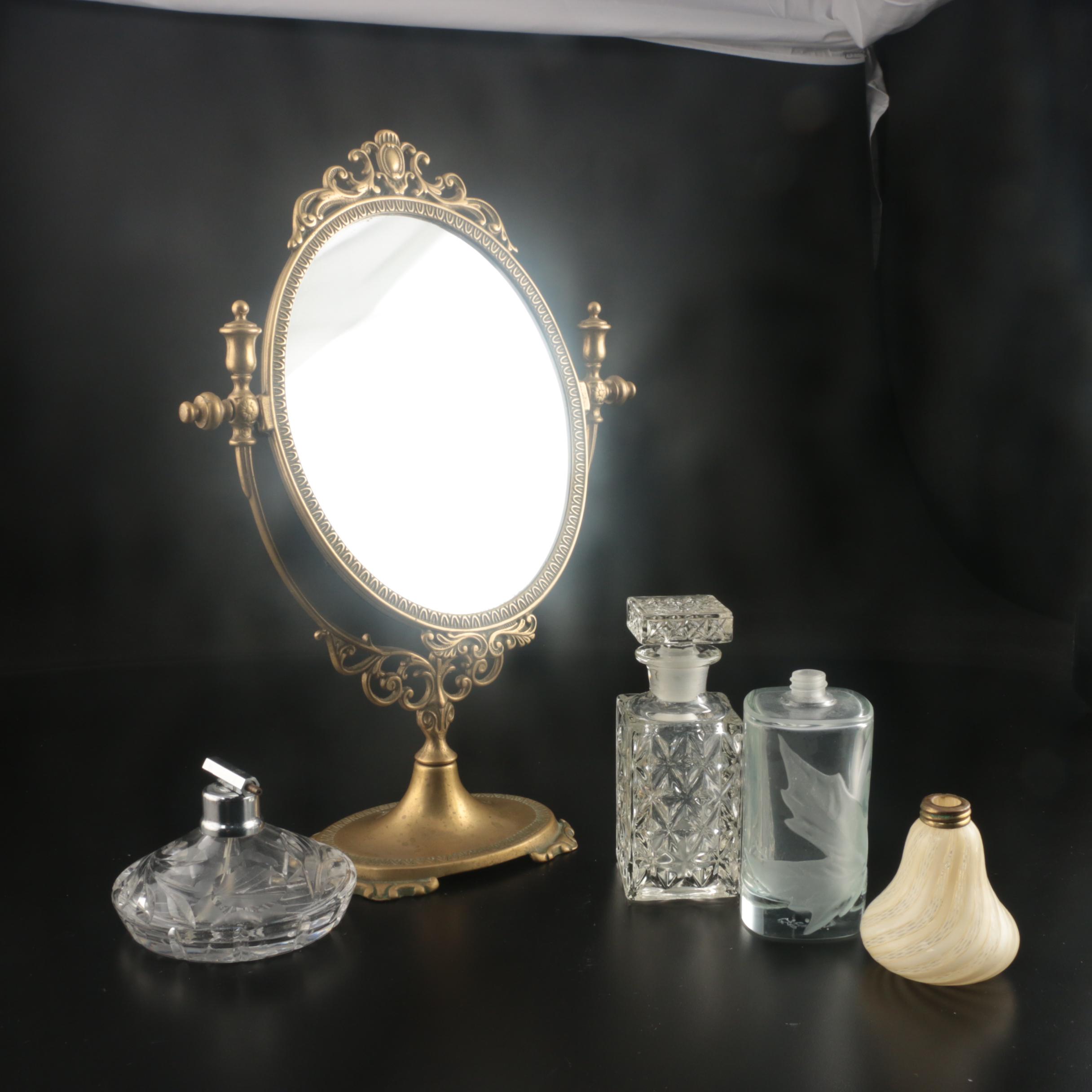 Gilt Metal Vanity Mirror with Glass Perfume Bottles Including Step