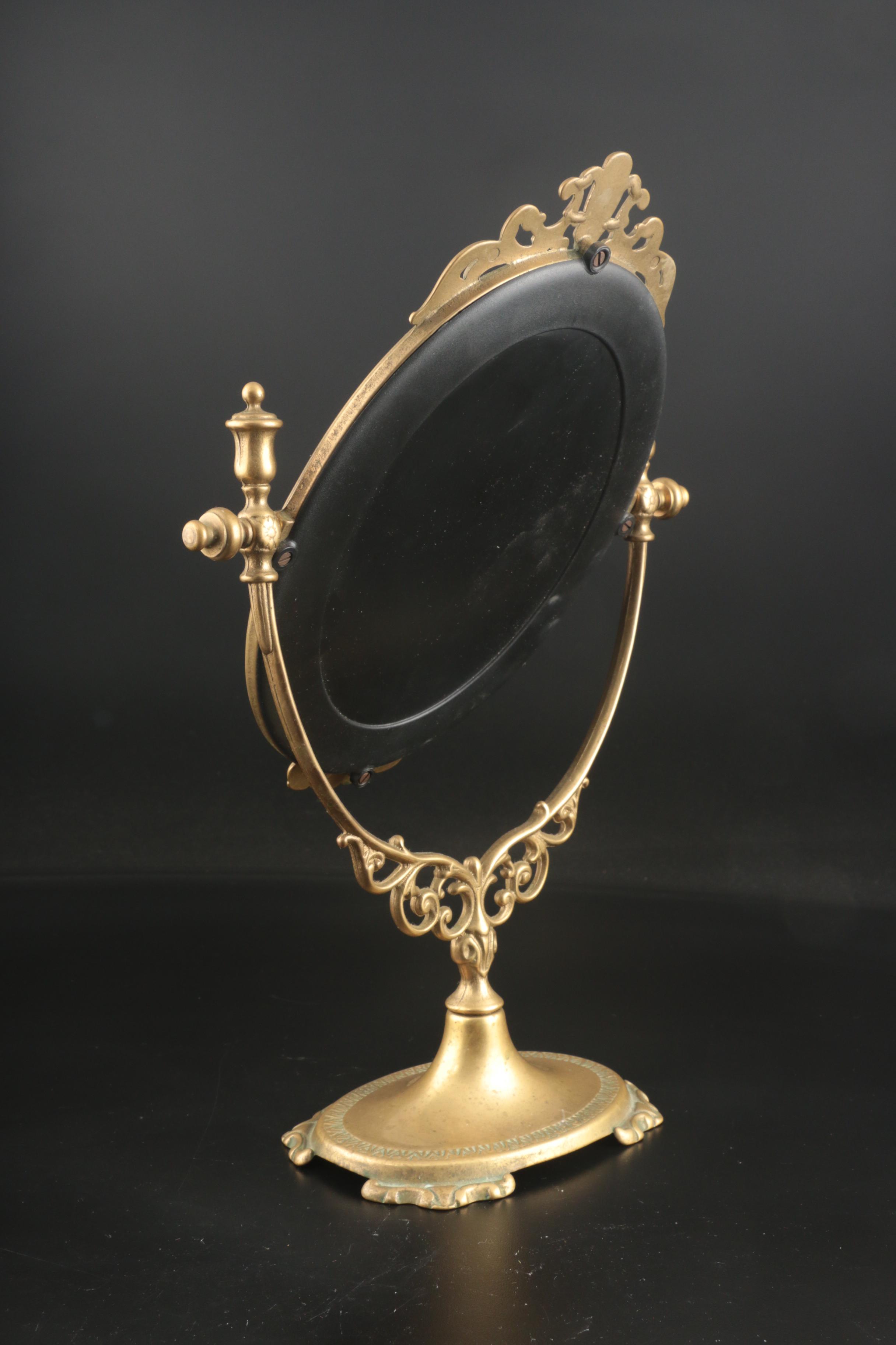 Gilt Metal Vanity Mirror with Glass Perfume Bottles Including Step