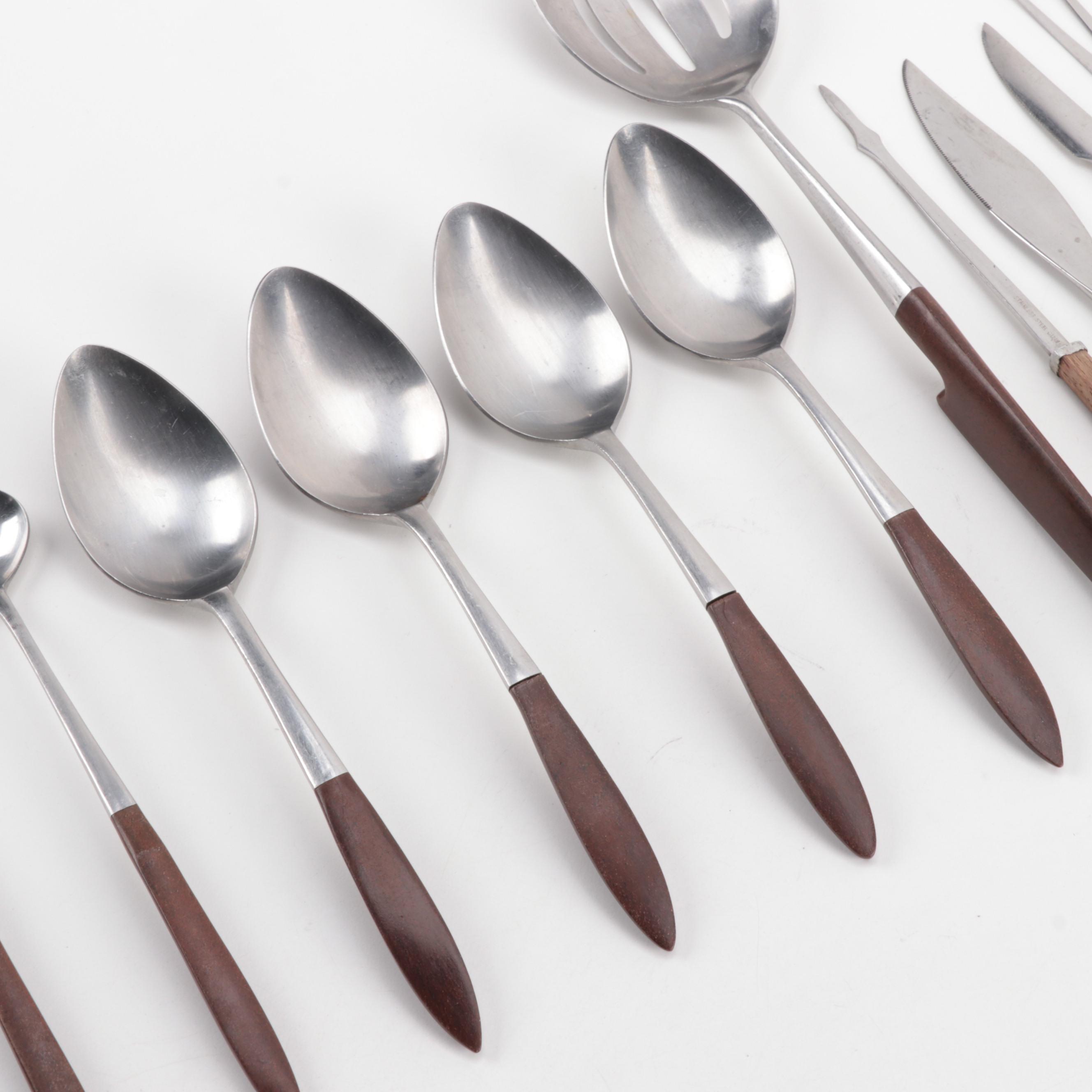 Mid Century Modern Japanese Stainless Steel Flatware with Wooden