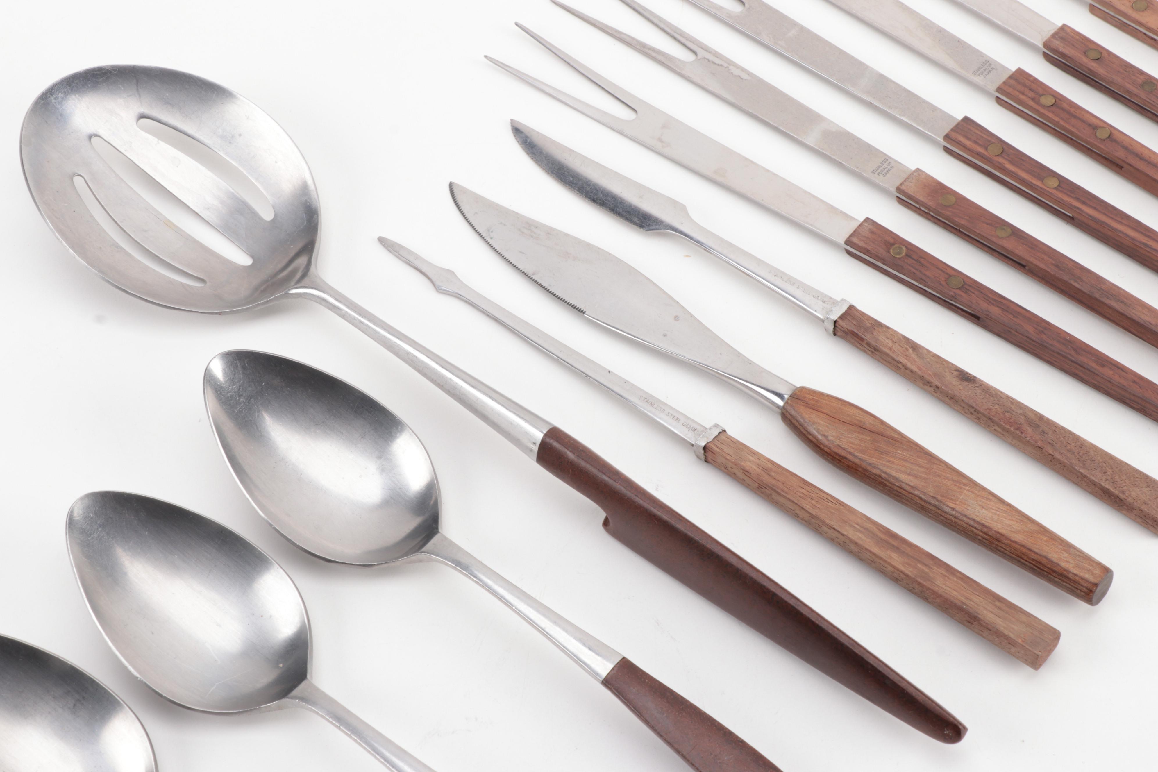 Mid Century Modern Japanese Stainless Steel Flatware with Wooden