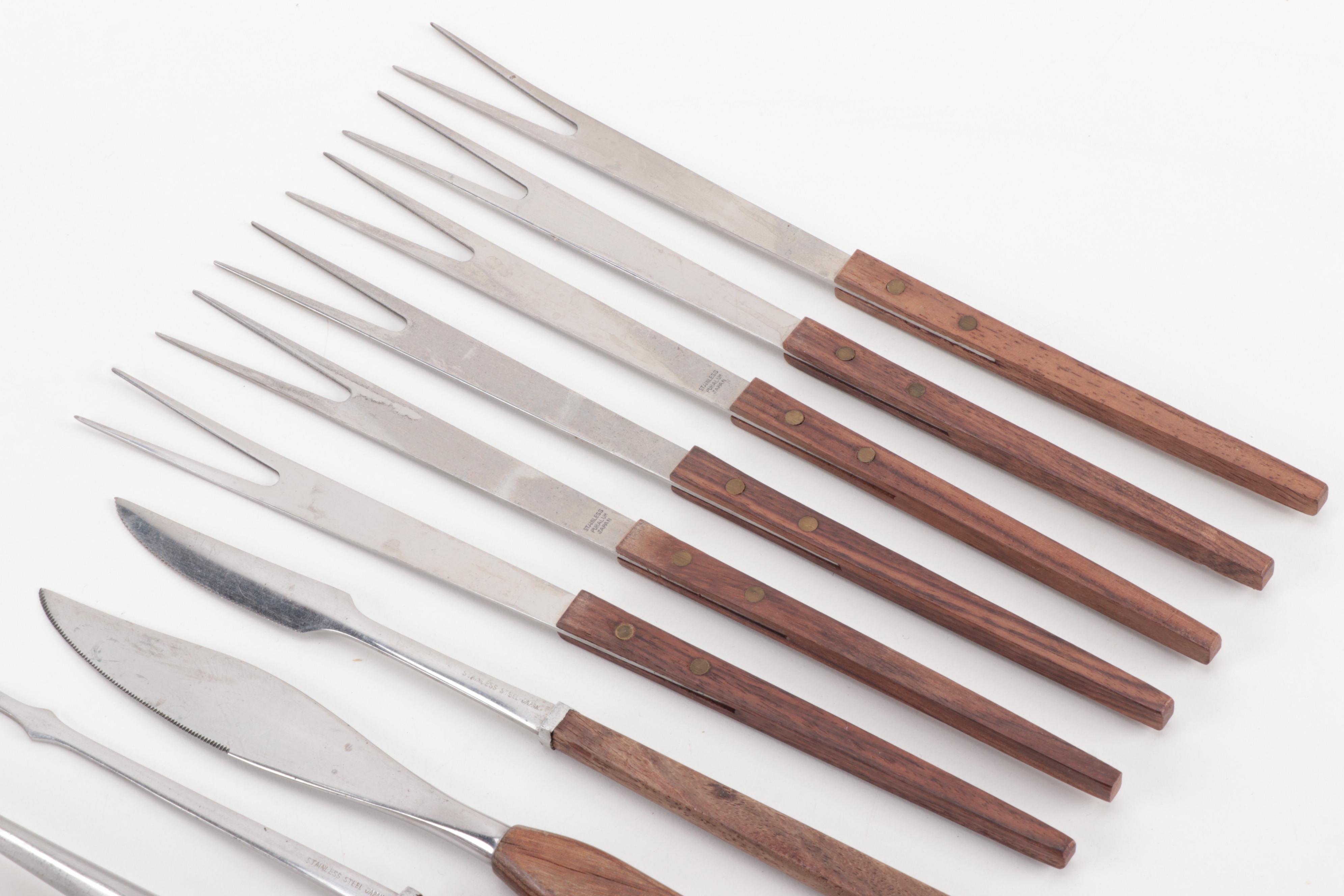 Mid Century Modern Japanese Stainless Steel Flatware with Wooden