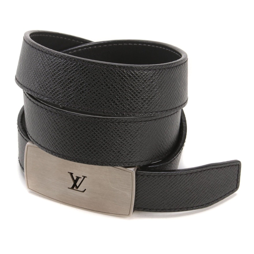 Louis Vuitton Black Taiga Leather Belt with Monogram Logo Buckle | EBTH