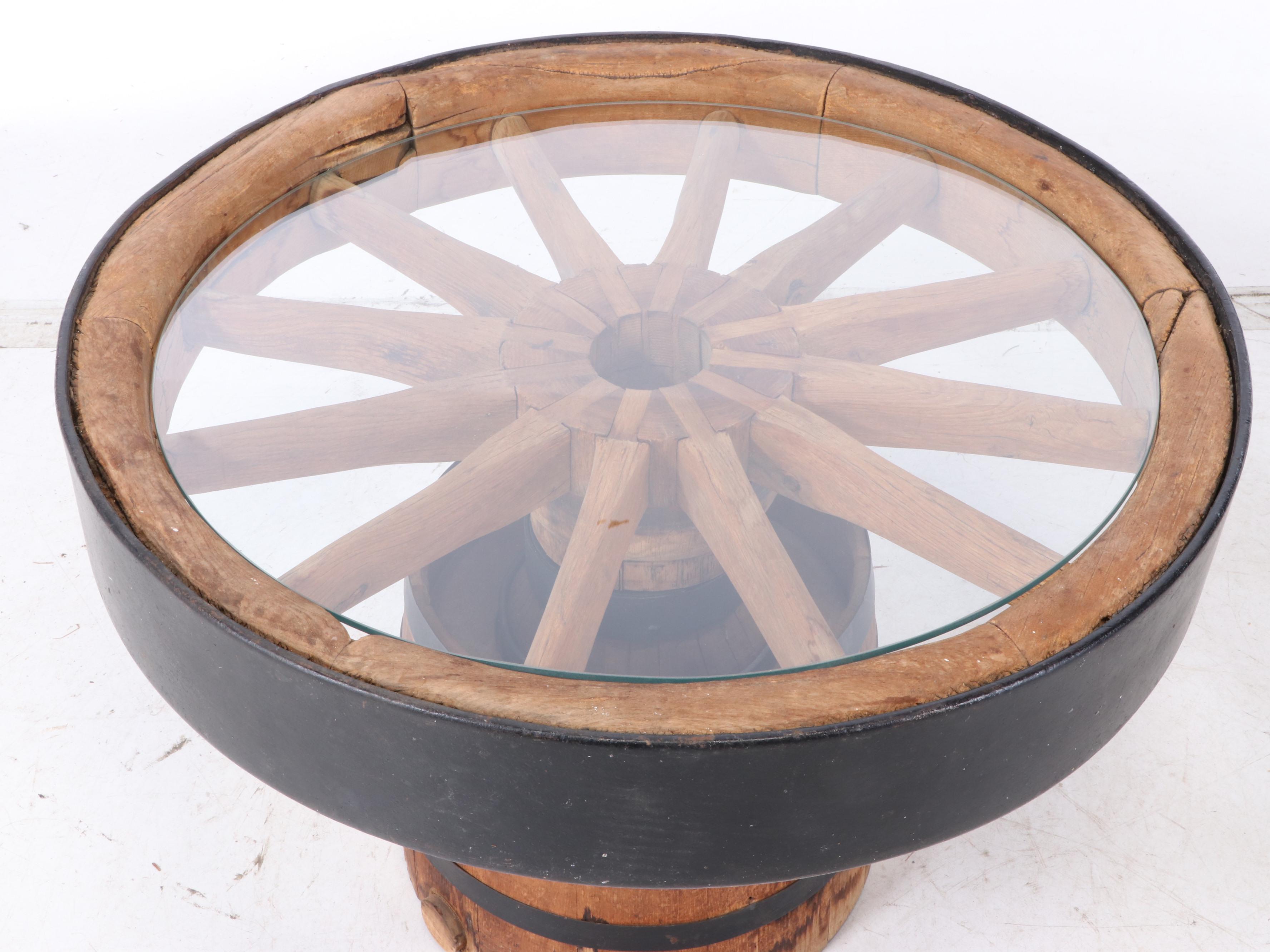 Wagon Wheel Coffee Table with Glass Top and Barrel Base | EBTH