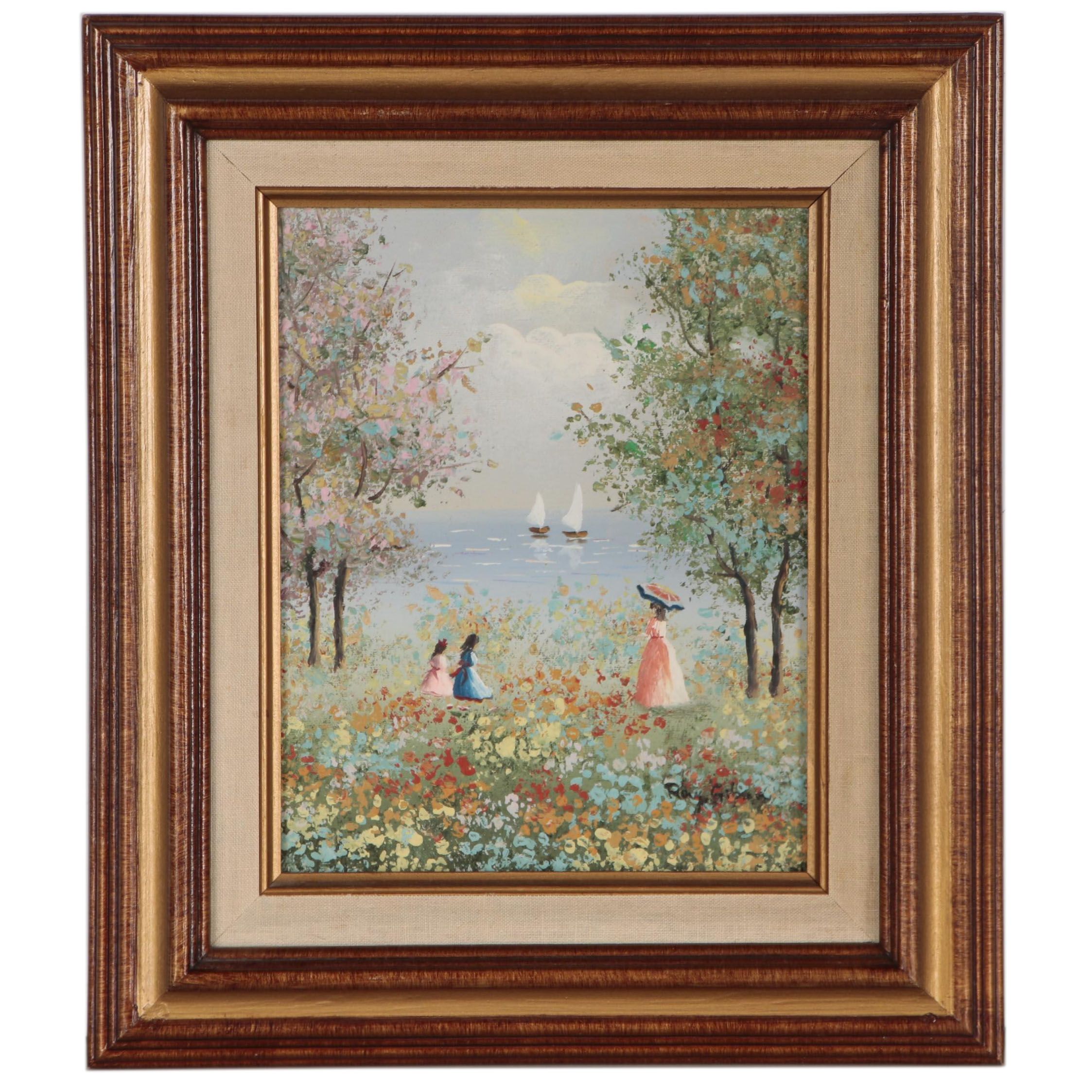 Ray Gibson Impressionist Style Oil Painting of Figures at Shore EBTH