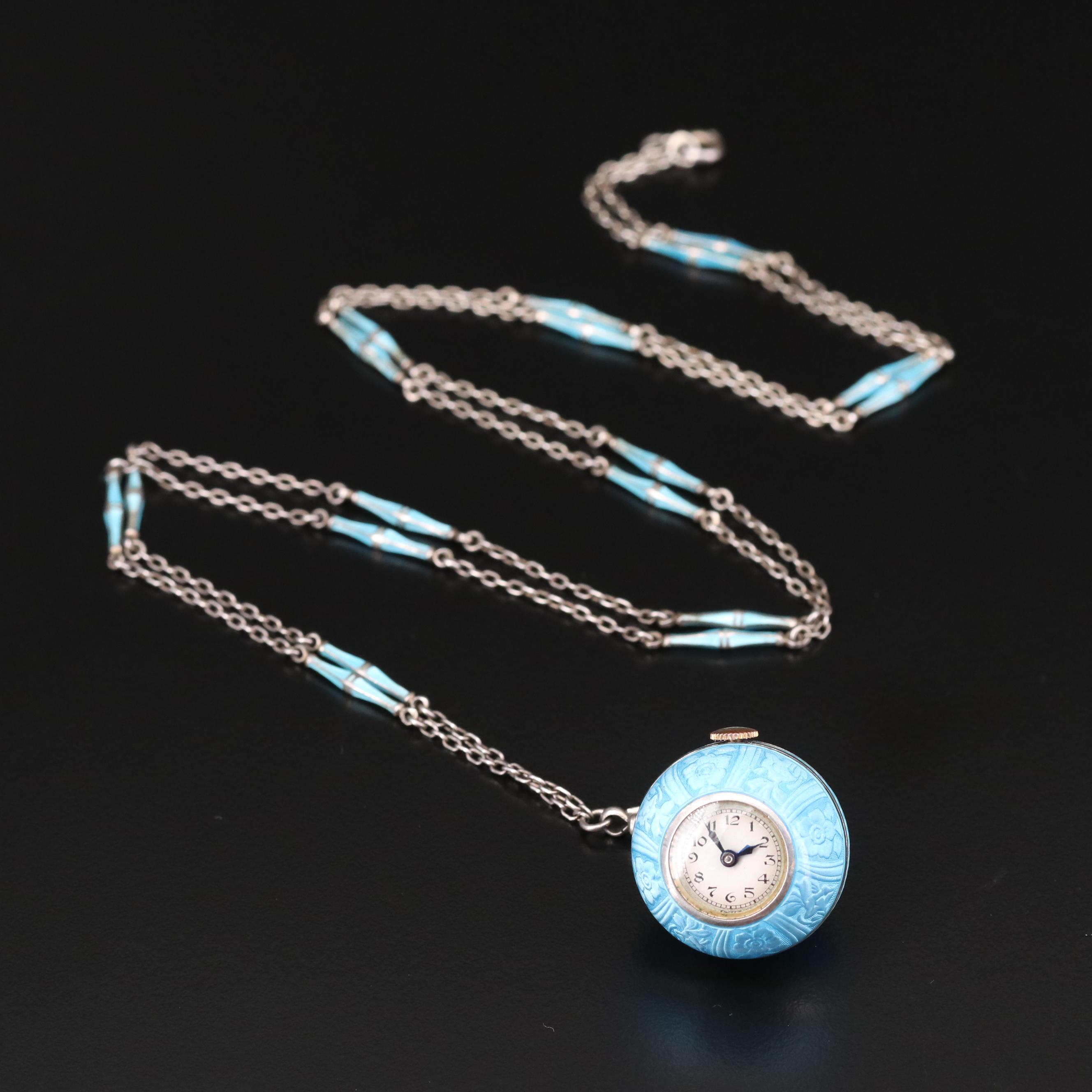 Vintage Swiss Sterling Silver and Enamel Pendant Watch EBTH