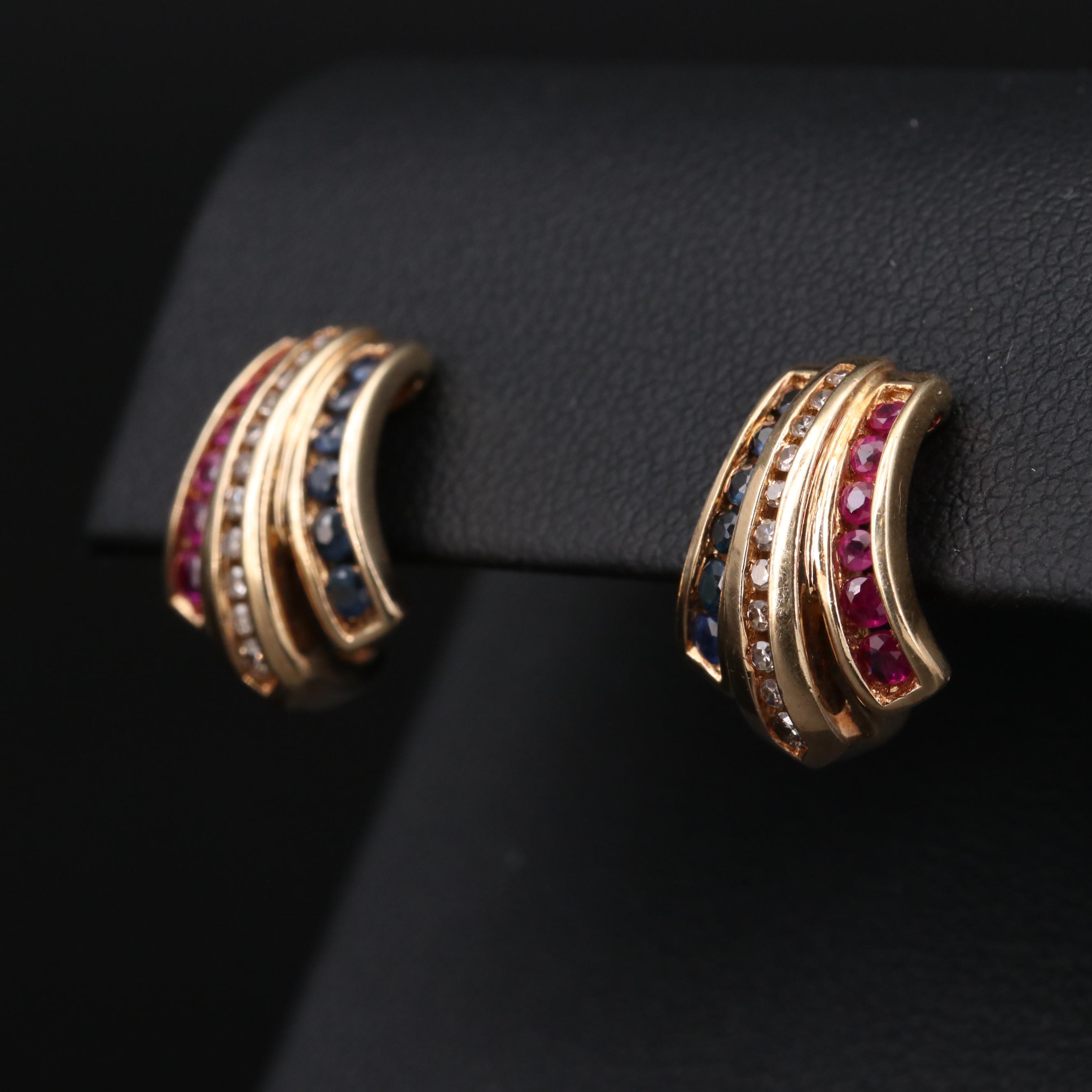 10K Yellow Gold Diamond, Ruby and Sapphire J Hoop Earrings EBTH