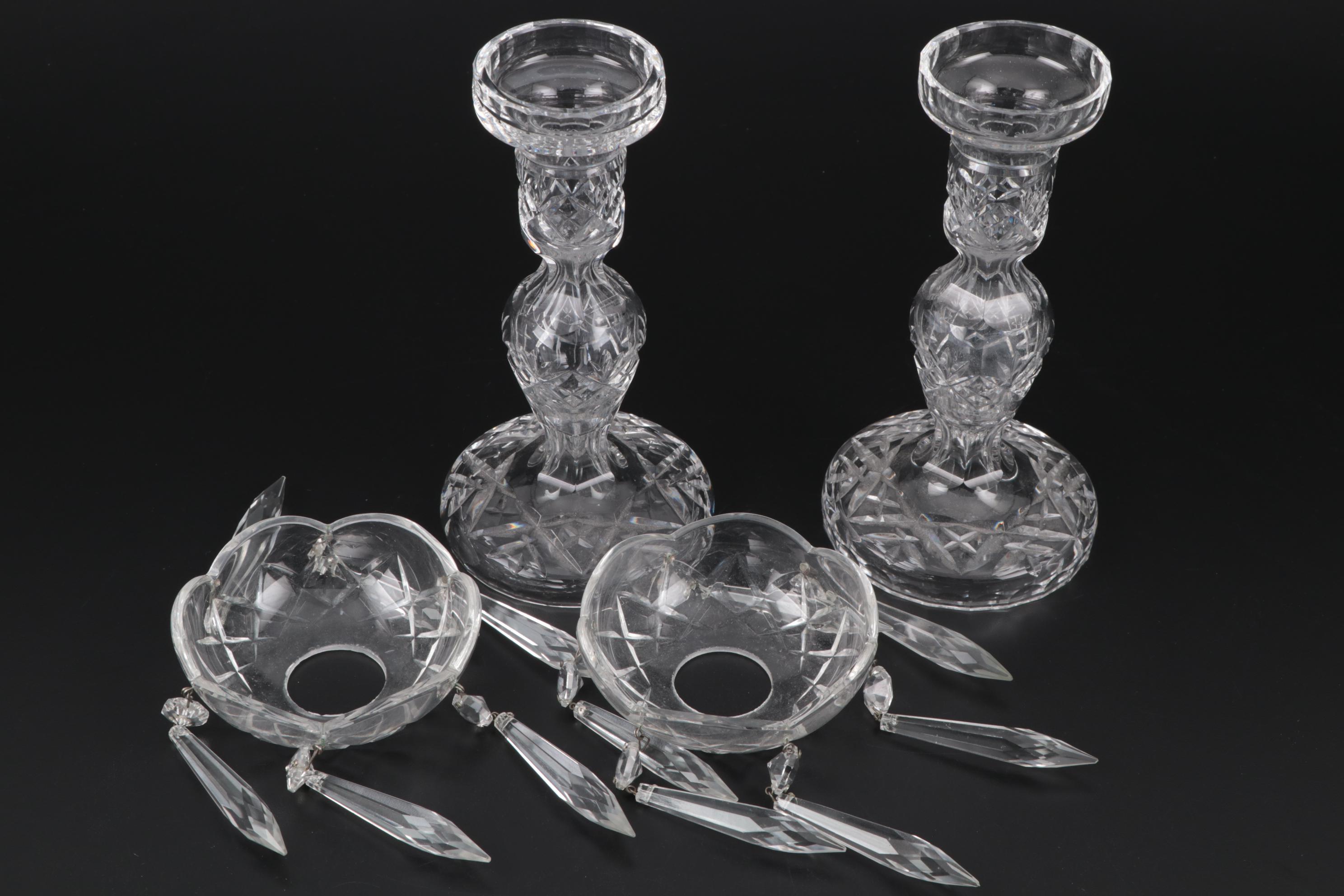 Pair of Waterford Crystal Candlesticks with Lusters, Mid to Late 20th