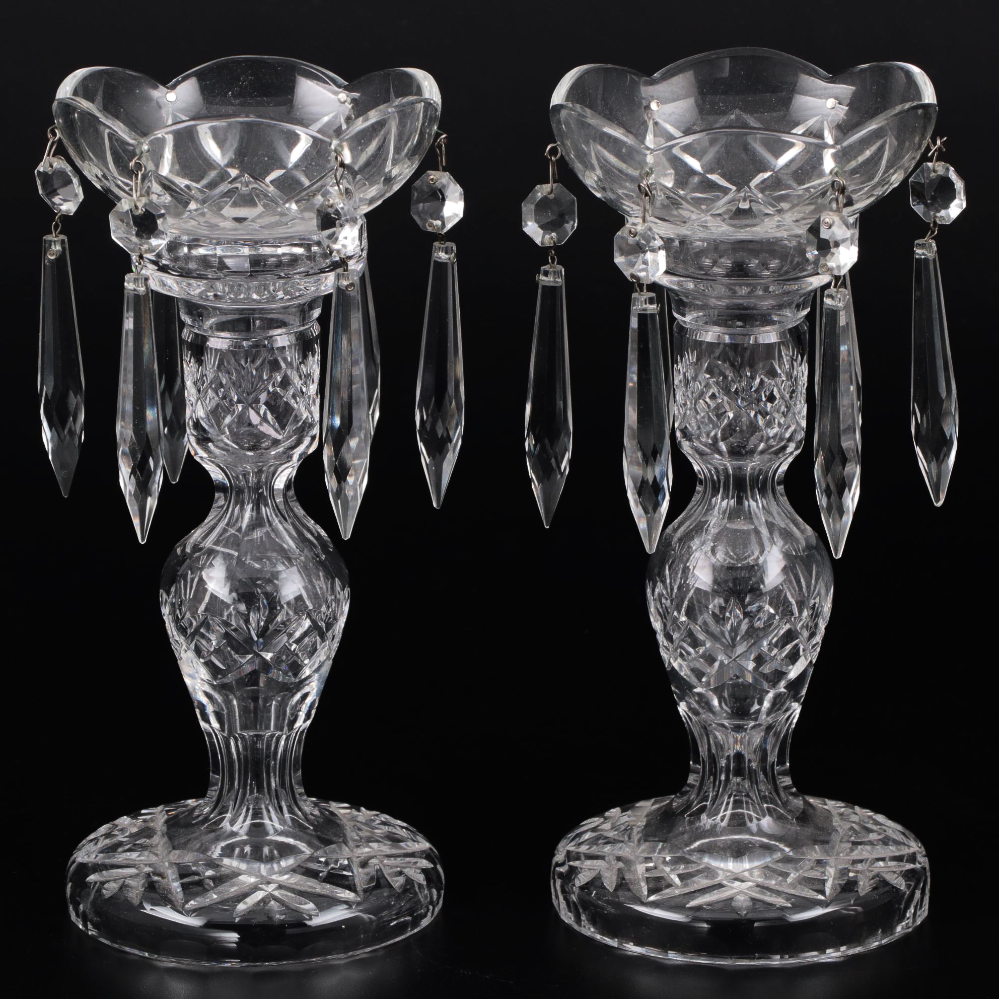 Pair of Waterford Crystal Candlesticks with Lusters, Mid to Late 20th