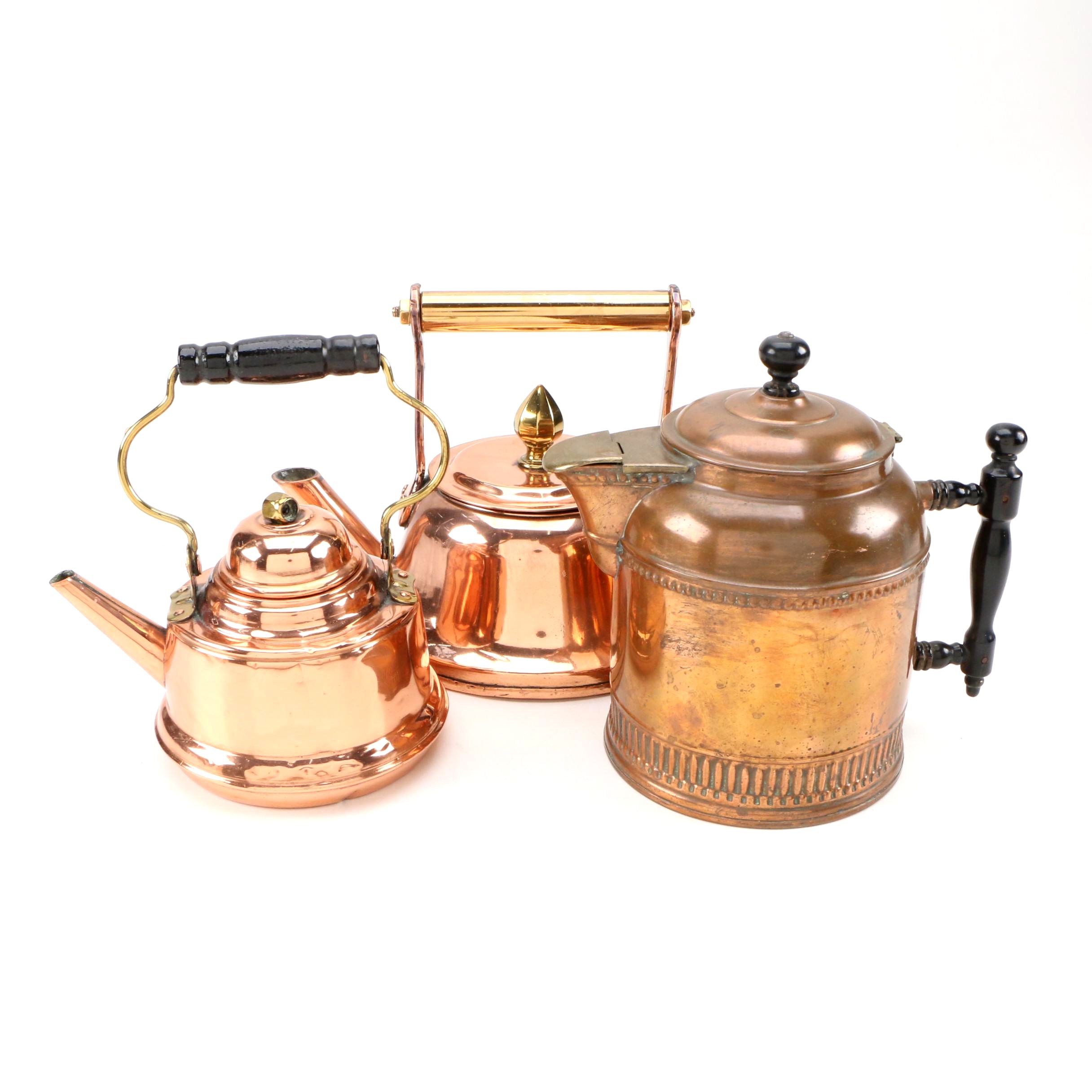 European Copper Tea Kettles with Brass and Wooden Handles EBTH