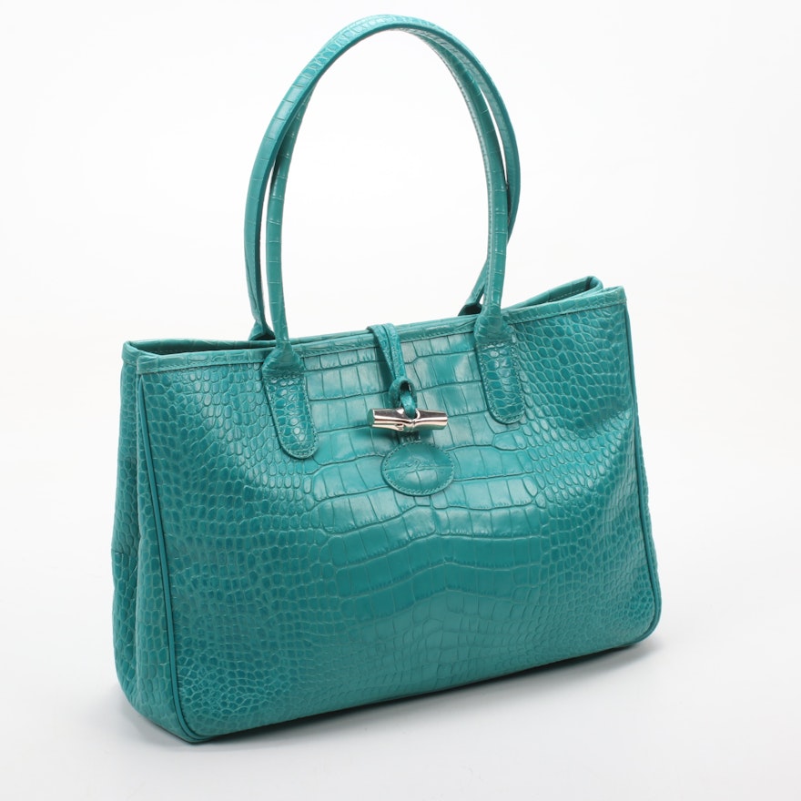 Longchamp Croc-Embossed Turquoise Leather Roseau Toggle Tote Shoulder Bag | EBTH